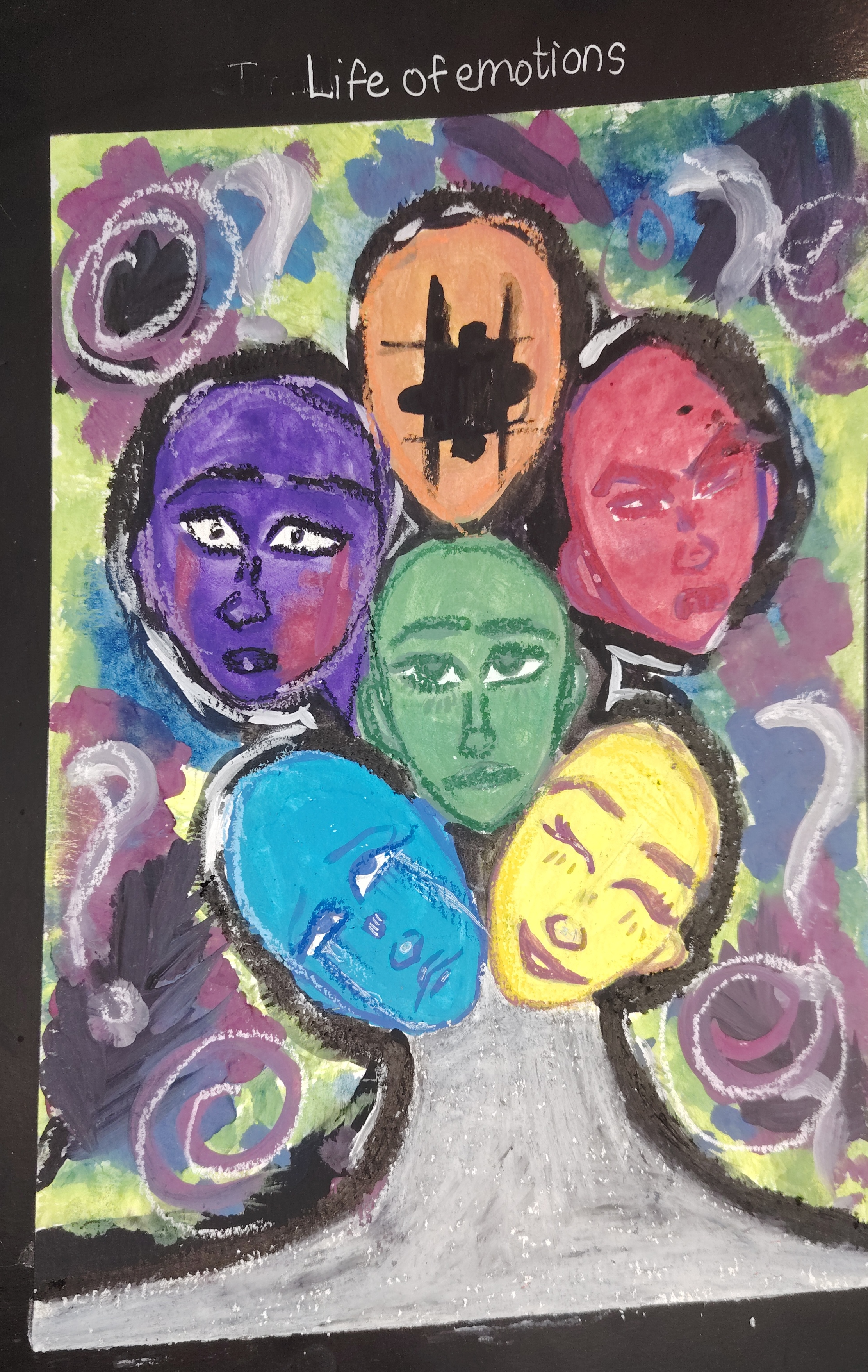 Life of Emotions by Lisara Wickramasinghe, circular painting with colorful expressive human faces
