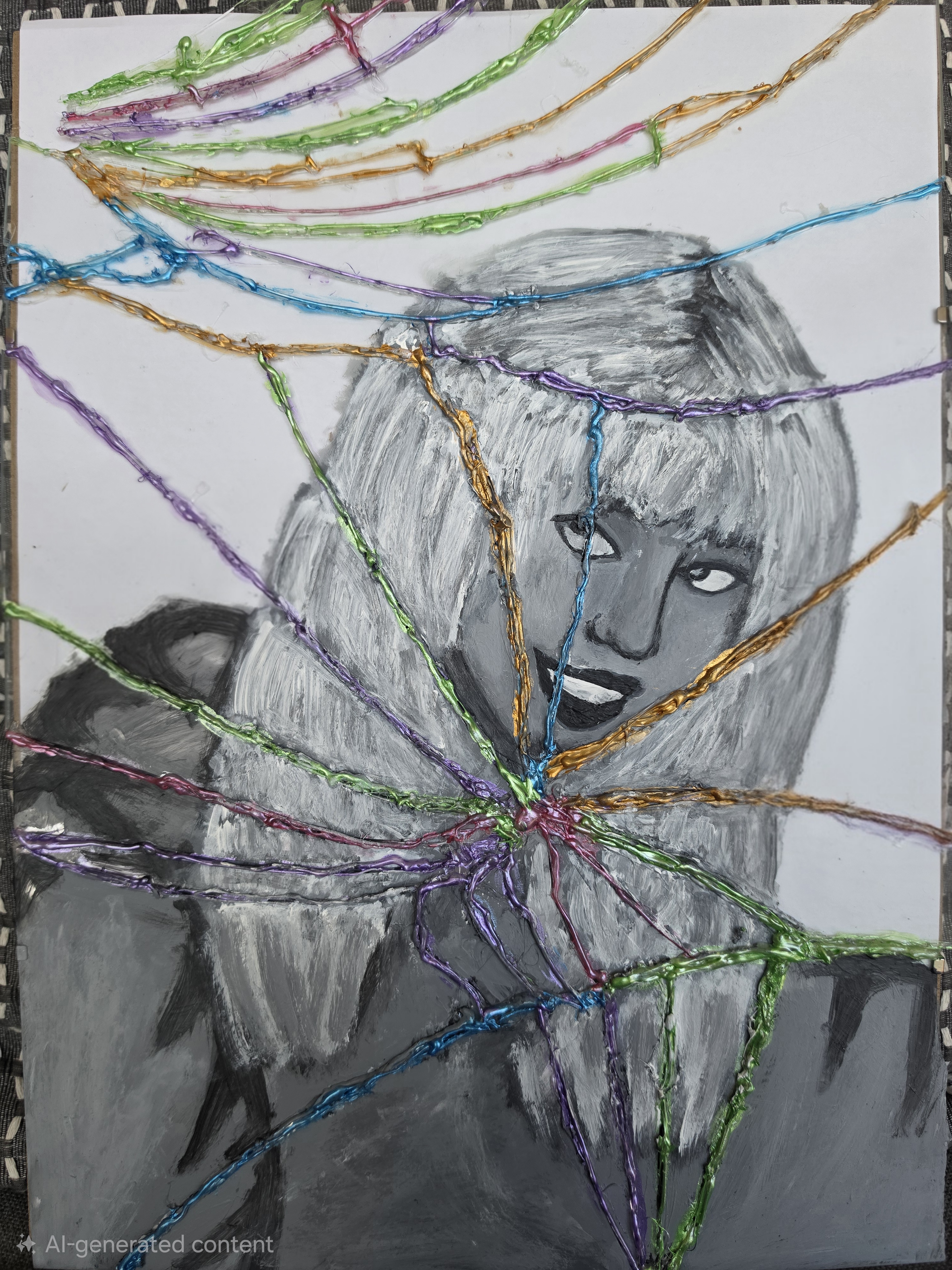 Shattered Smile by Shristhi Bodalia, monochromatic portrait with broken glass