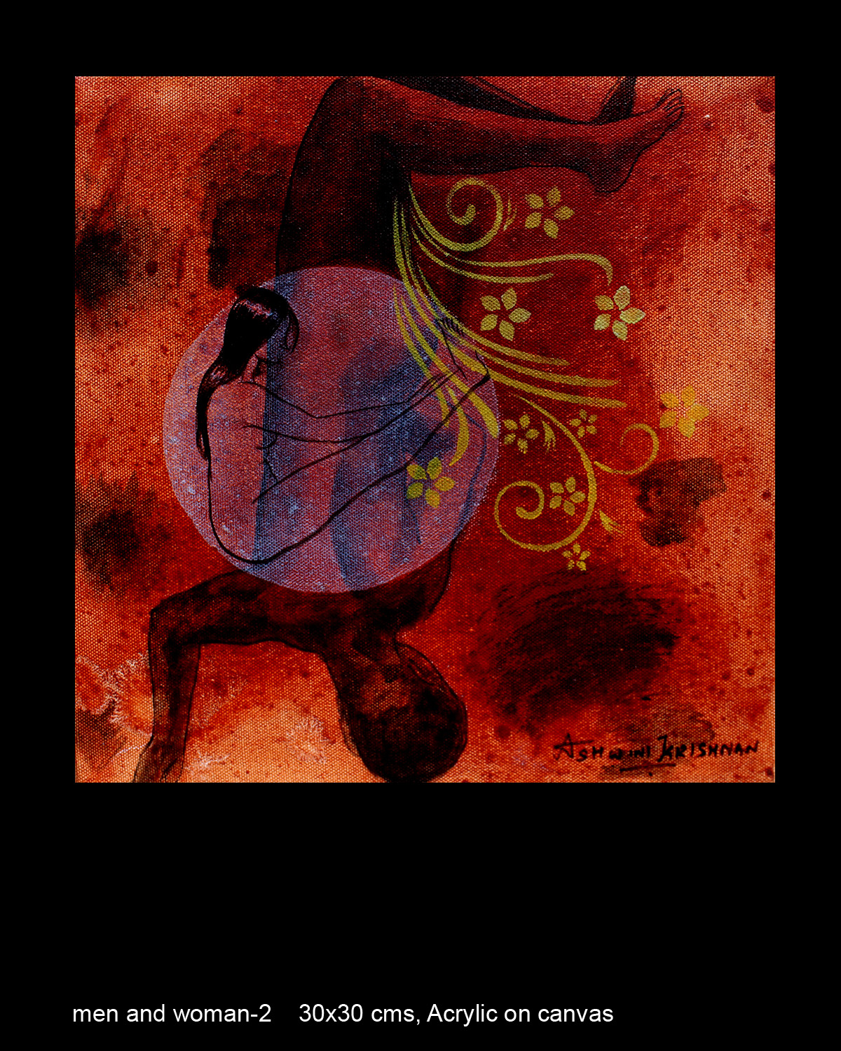 Man vs Woman -2 by Ashwini Krishnan, figure in textured warm-toned background, upside-down posture