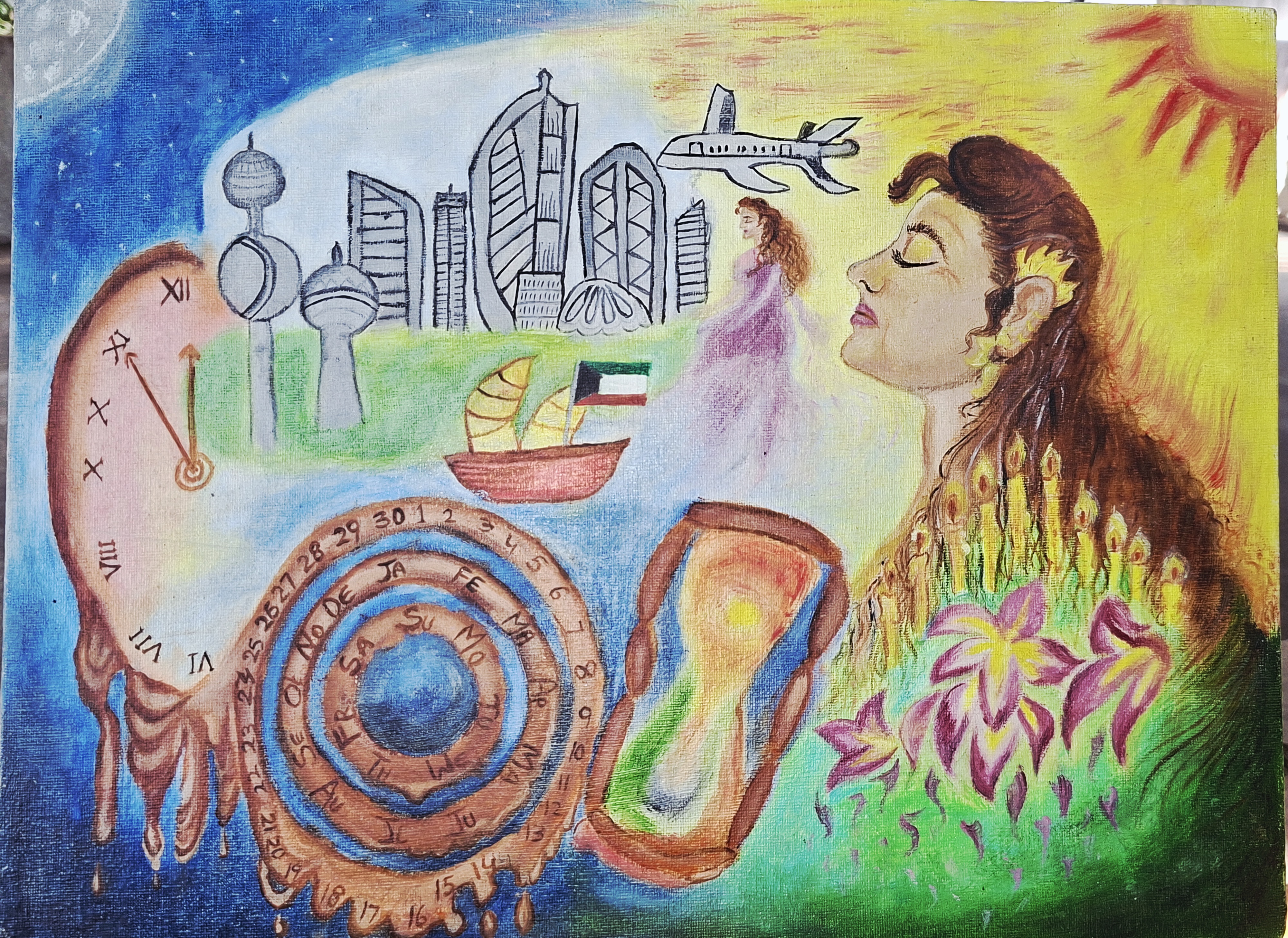 Waiting and melting by Prathyusha Artgallery featuring a serene woman with flowing hair interwoven with flowers