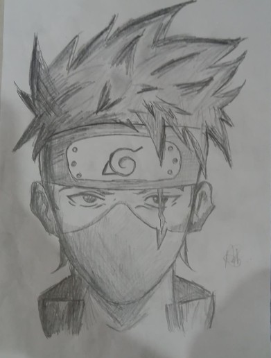 ARTIST 1 by AABAN SYED, pencil sketch of character with spiky hair and masked face