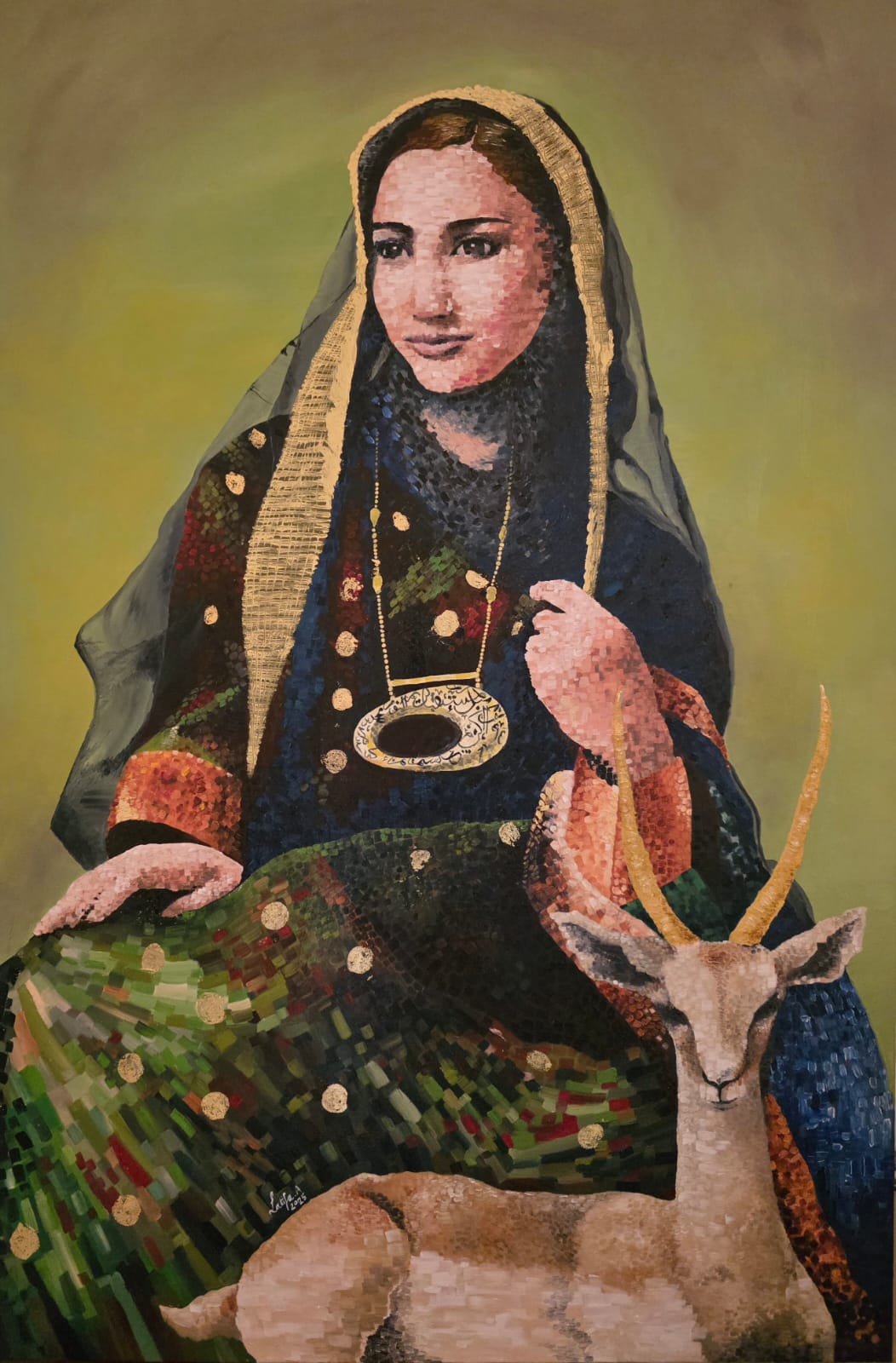 Made in UAE by Latifa Ahli, woman in traditional attire with deep color tones and golden headscarf