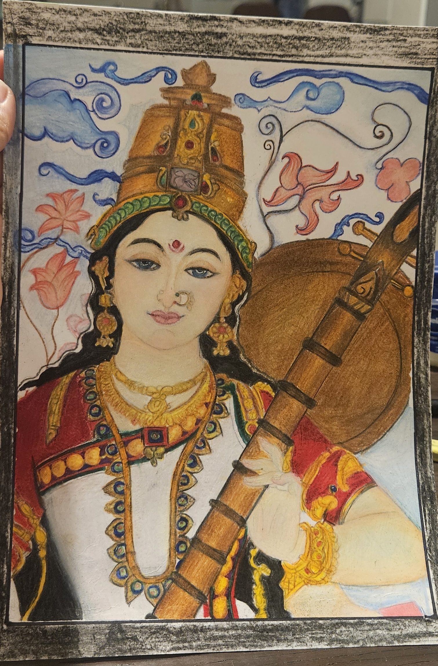 Melody of Wisdom by Purvaja Sivasubramanian, vibrant depiction of Goddess Saraswathi