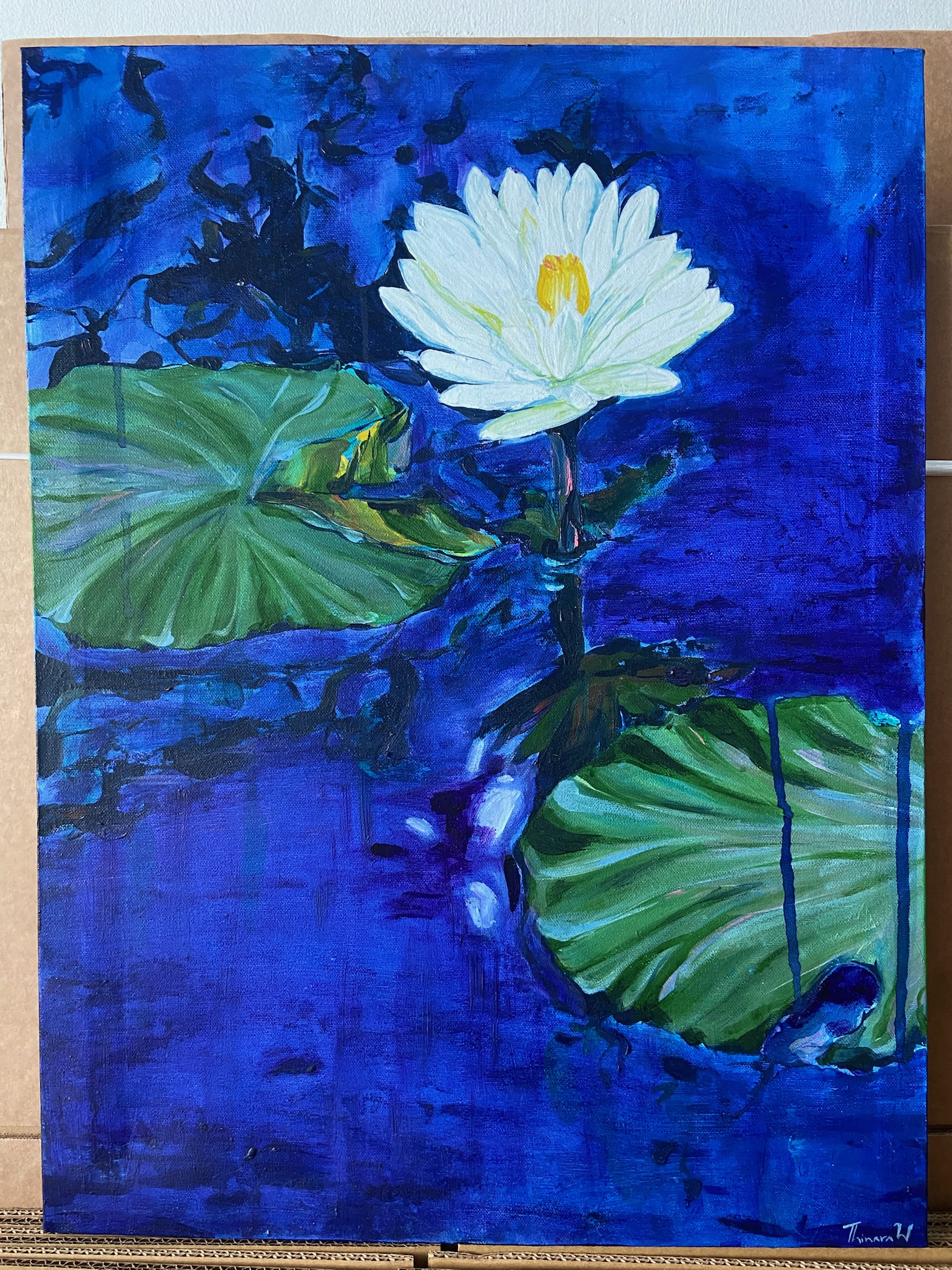 Purity Amidst Chaos by Thinara Wimaladharma - white water lily with green leaves