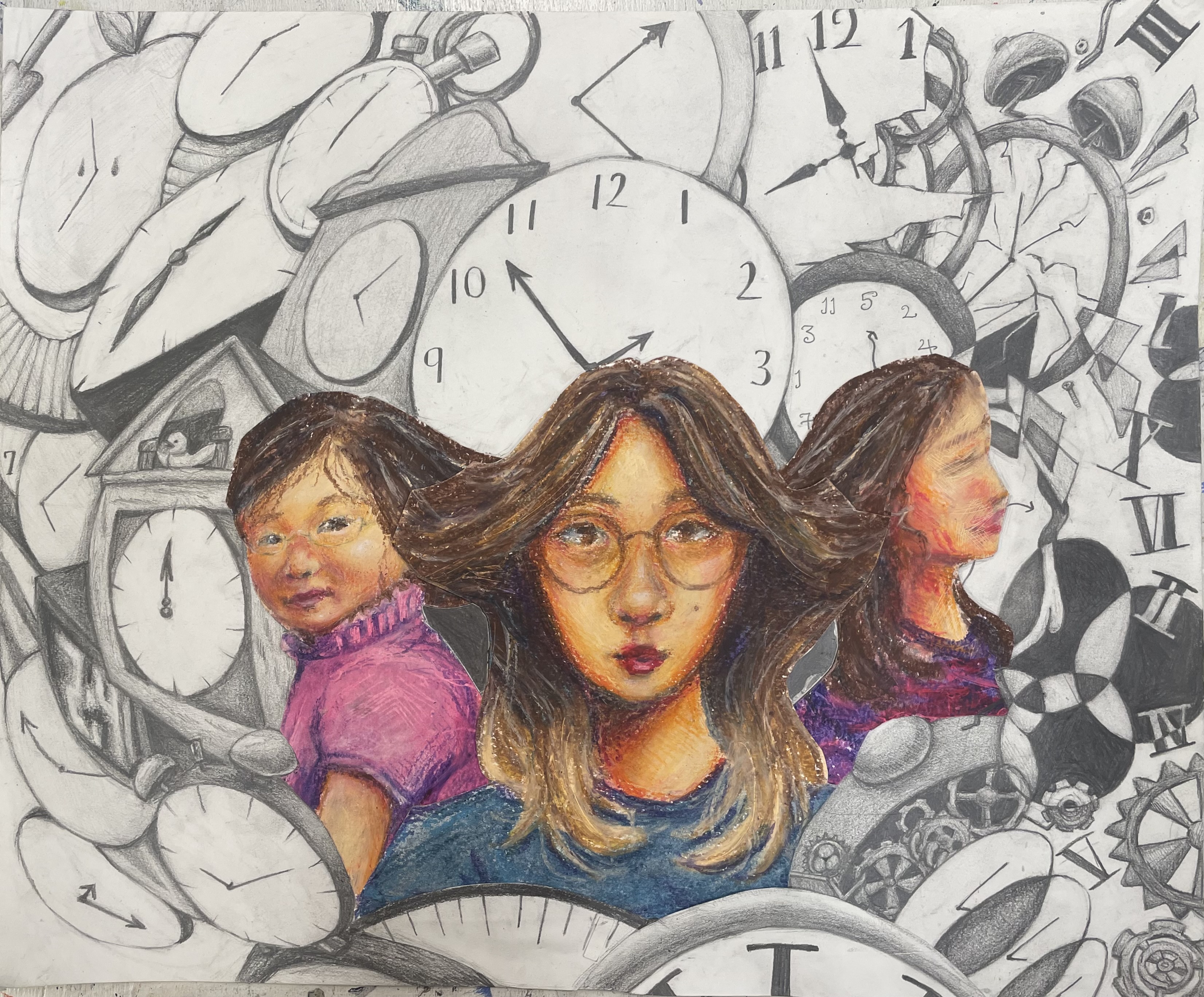 What Does the Future Hold? by Katherine Ahn featuring three figures and timepieces