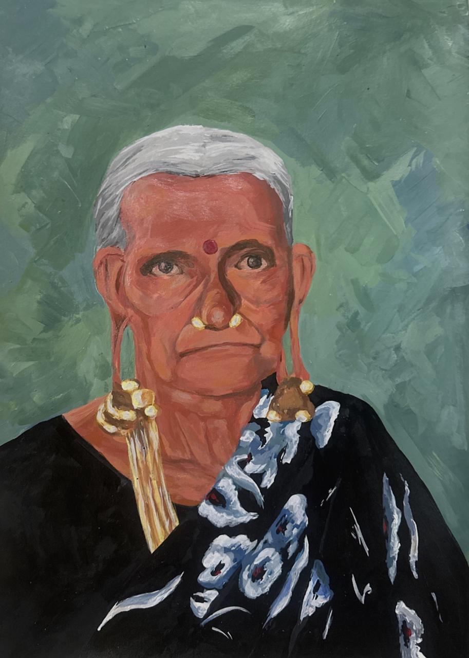 Tamilnadu Old Lady Acrylic Painting by Sujithapriya Shenthilkumar - elderly woman from Tamil Nadu against a soft green background