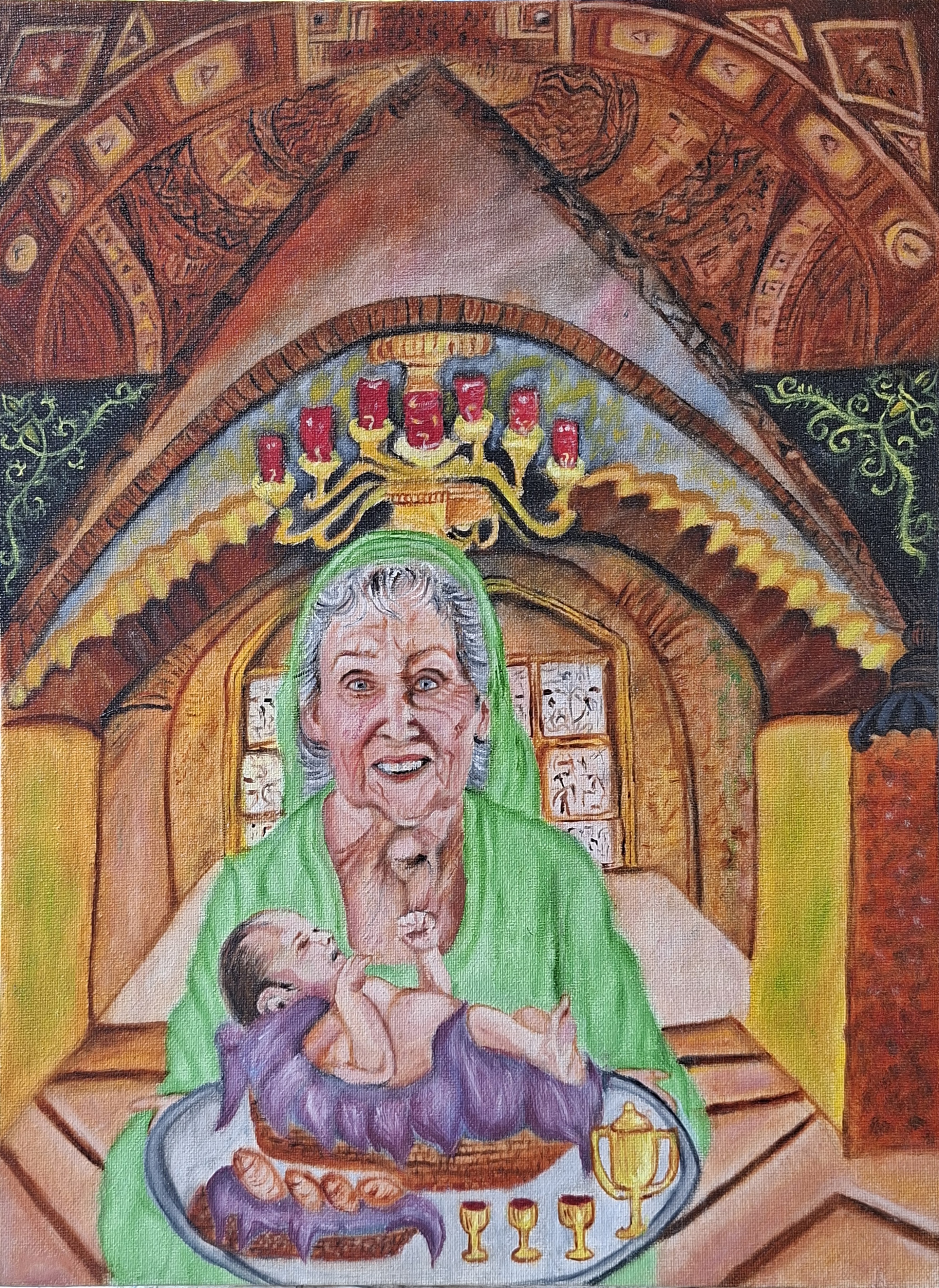 “Christ: The Bread and Wine Offered to the World” 🕊️ by Prathyusha Artgallery, an elderly woman holding a child in vibrant hues