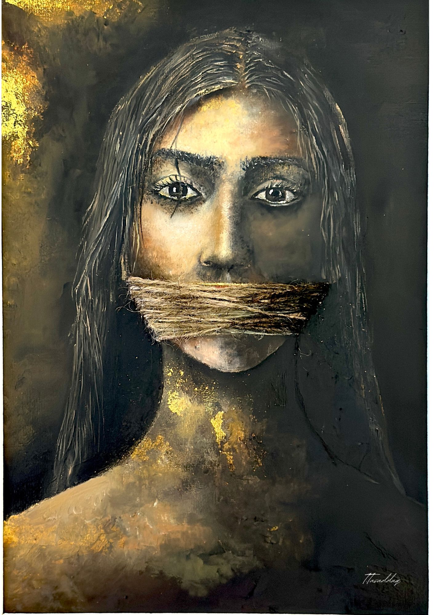 The Unsaid by Tehmina Tasadduq - portrait with textured gold leaf