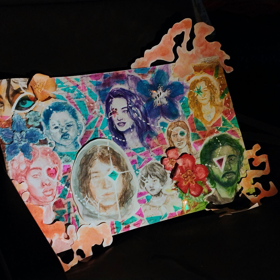 Caption Of Artwork: Watercolor-based mixed media piece. The conceptual idea behind this piece lies in the fact that within strong communities, we are all different, we all look different, we all have different lenses, but we all perceive the same world and the same things. Not everyone's lens is shaped the same, and is made from many different aspects of our lives and lived experiences. Acetate sheets cover one eye of each individual, showing how our lenses shadow our perception. However, this led me to consider how children perceive the world in comparison to adults, given their open-minded view of the world as they are still learning about it every day, which is why they do not have closed lenses.