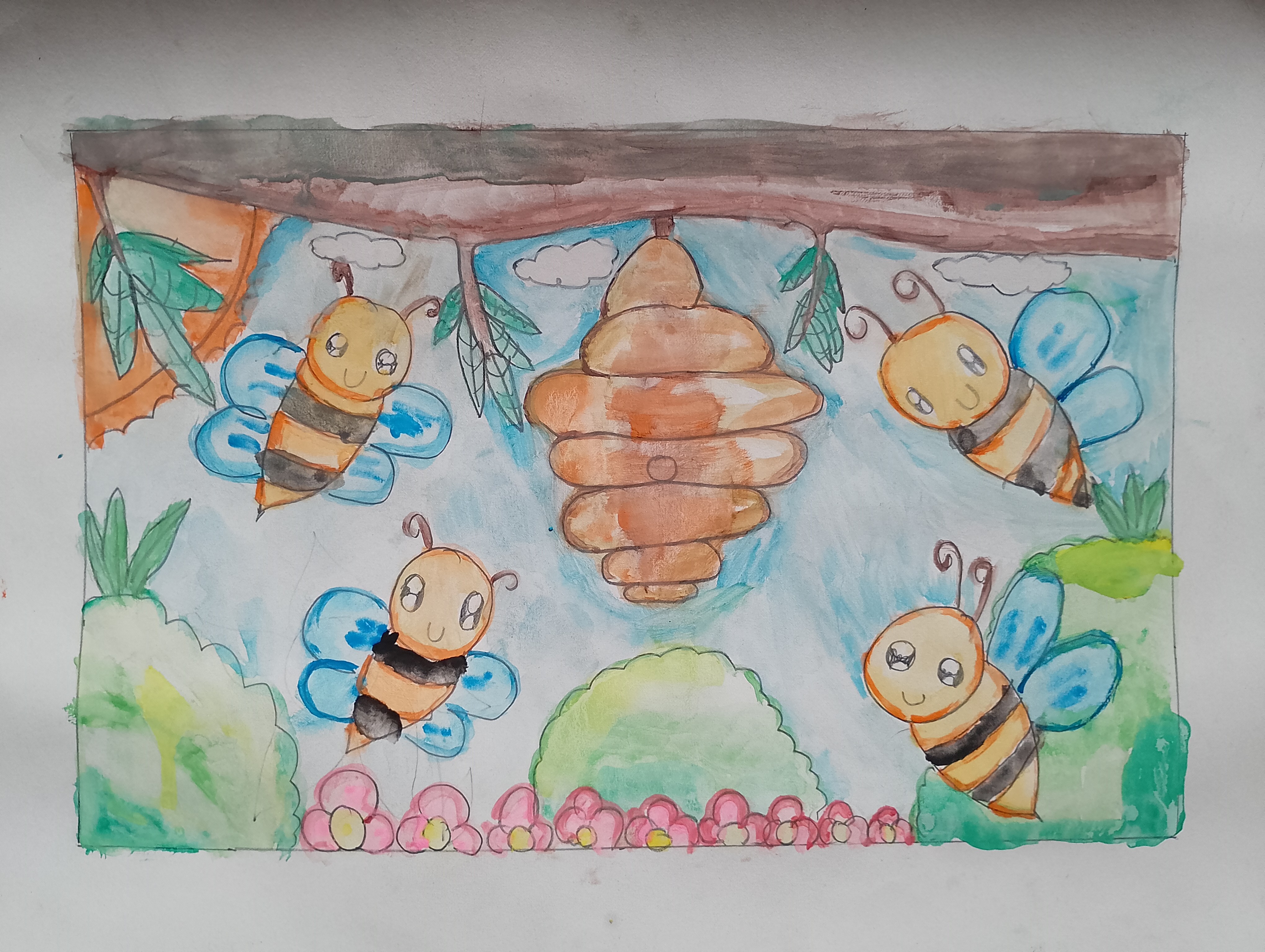 The bee hive by Yasithma Amadoru, a lively scene with bees and a beehive