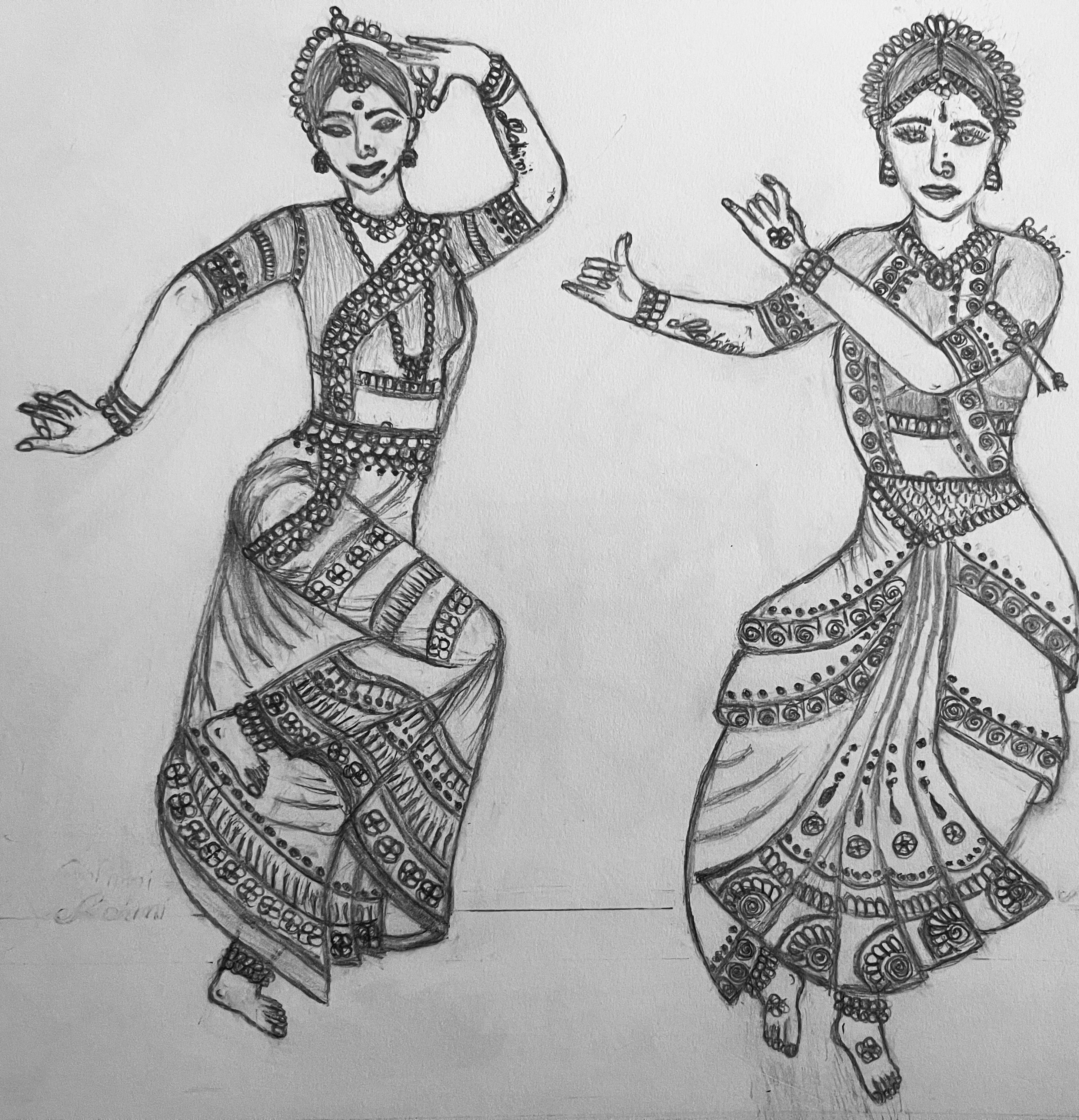Sketch by ROHINI BHATHELA - traditional dancers in dynamic poses