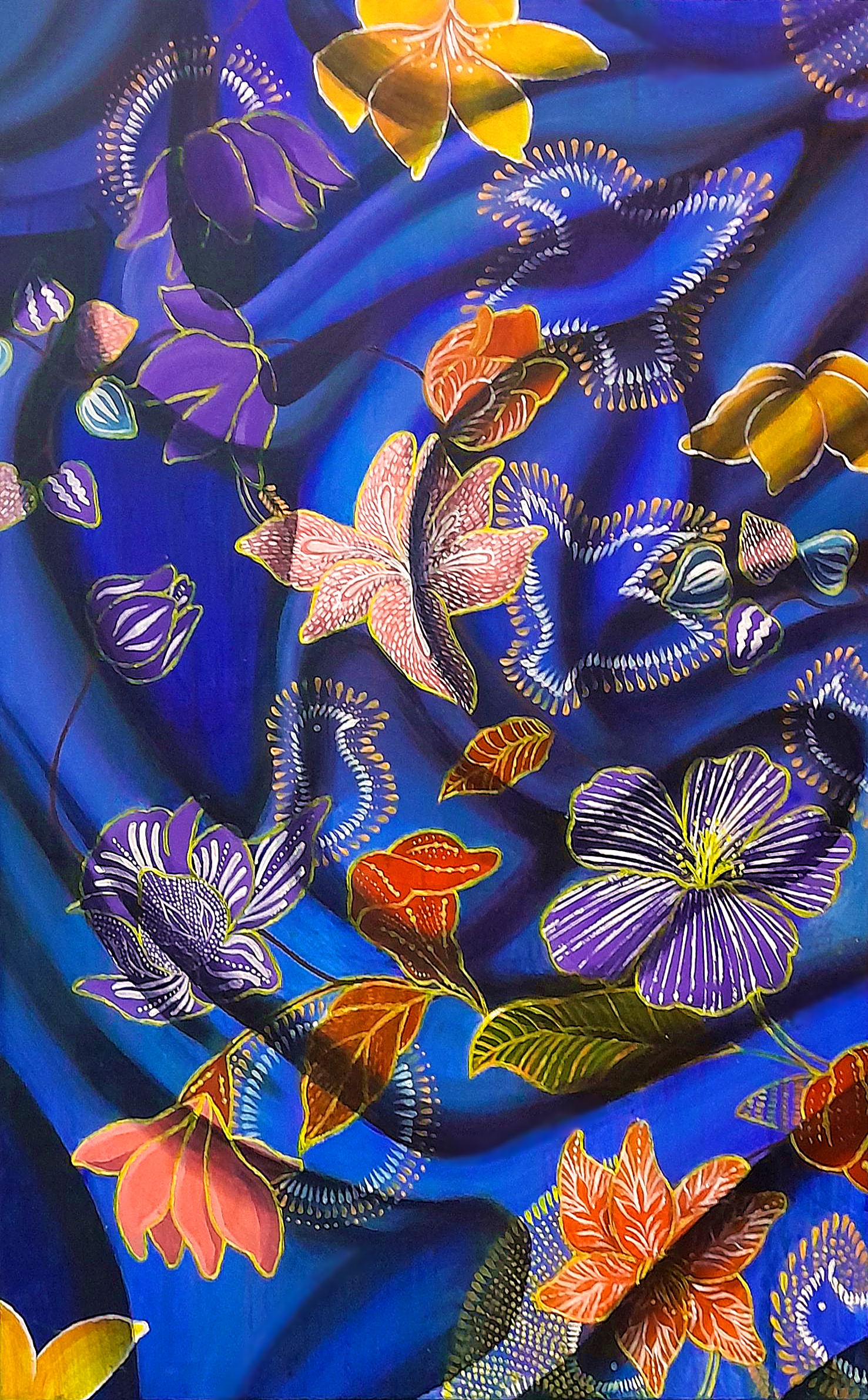 Language of Malay Blossoms by LIEW JIT QI, vibrant floral motifs on deep blue