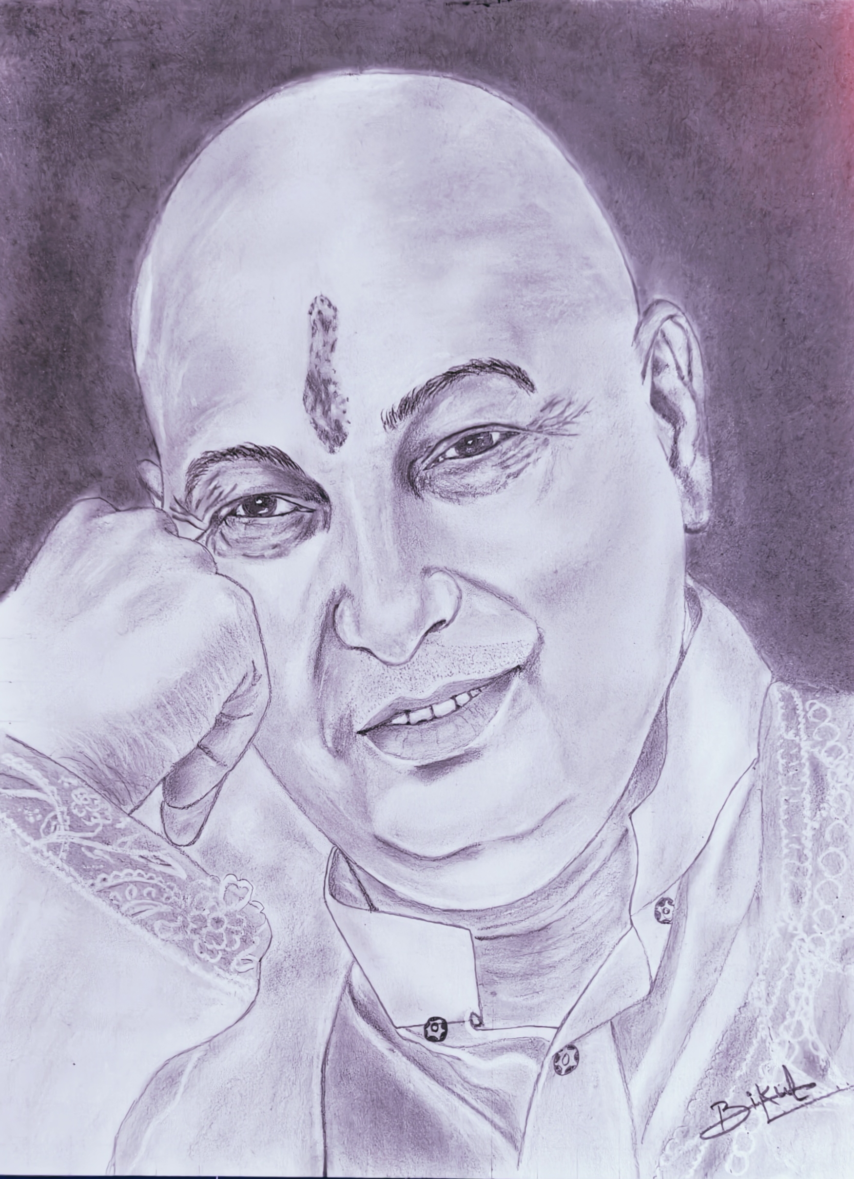 Soulful Smile by bikul kamboj, detailed pencil drawing of a smiling bald man