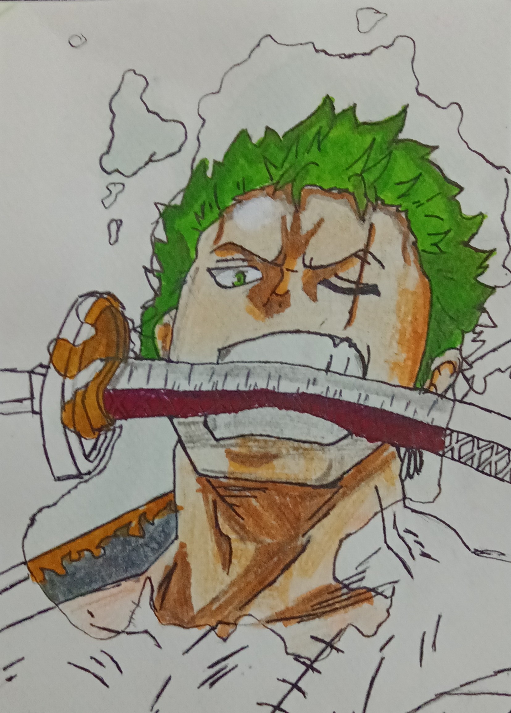 Zoro Spill Art by Gurdit Singh, character with green hair holding a sword