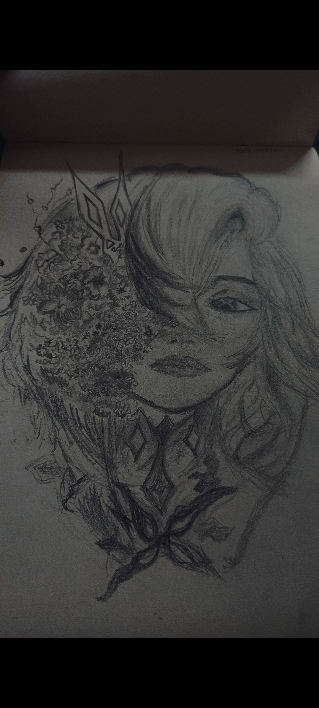 The Knave: Arlecchinno by Puja Dhar - detailed pencil sketch of a character with stylized features