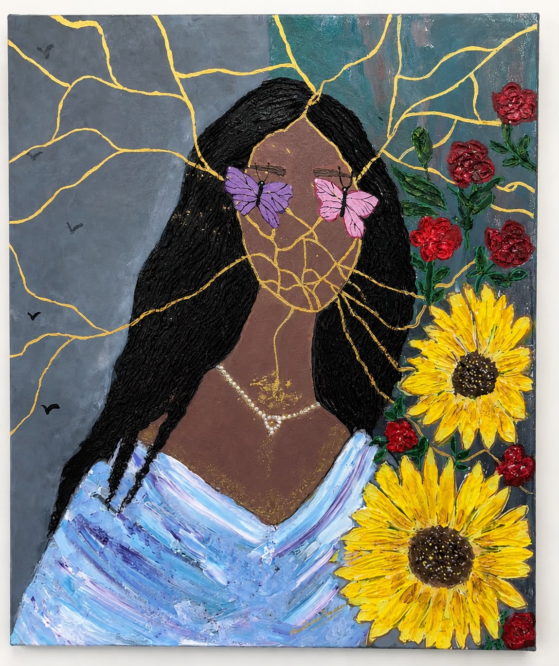 Mended, Not broken by Naseema Parveen, figure with golden cracks and butterflies