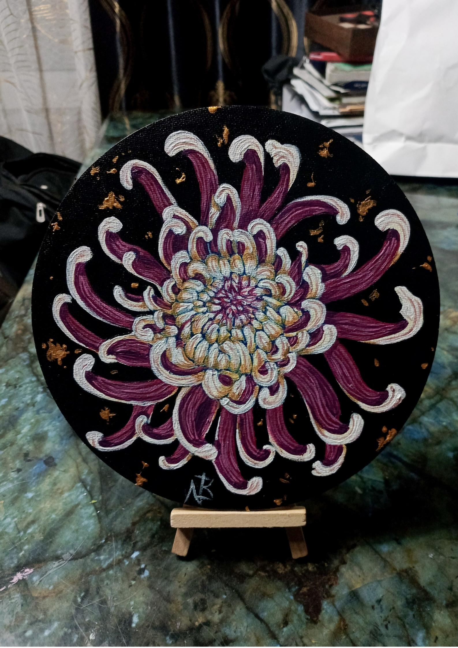 Red & White Chrysanthemum by Nishika, a vivid flower on a round canvas