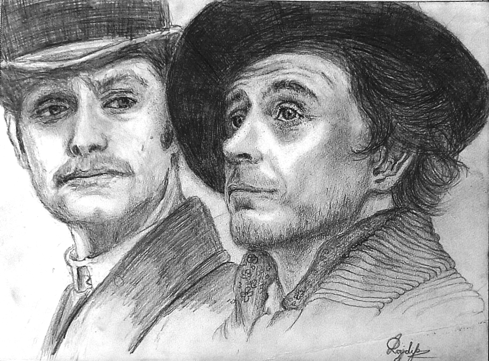 Holmes and Watson by Rajdip Roy Chowdhury, detailed pencil sketch of two male figures