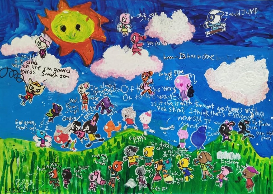 My imaginary Friends by Sree Durga Sivabalan, a vibrant scene with whimsical characters and a bright sky