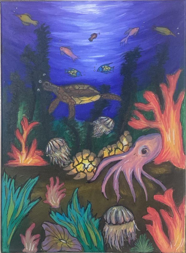 Kingdom Beneath the Waves by Sharathvignesh Shenthilkumar, vibrant underwater scene with sea turtle