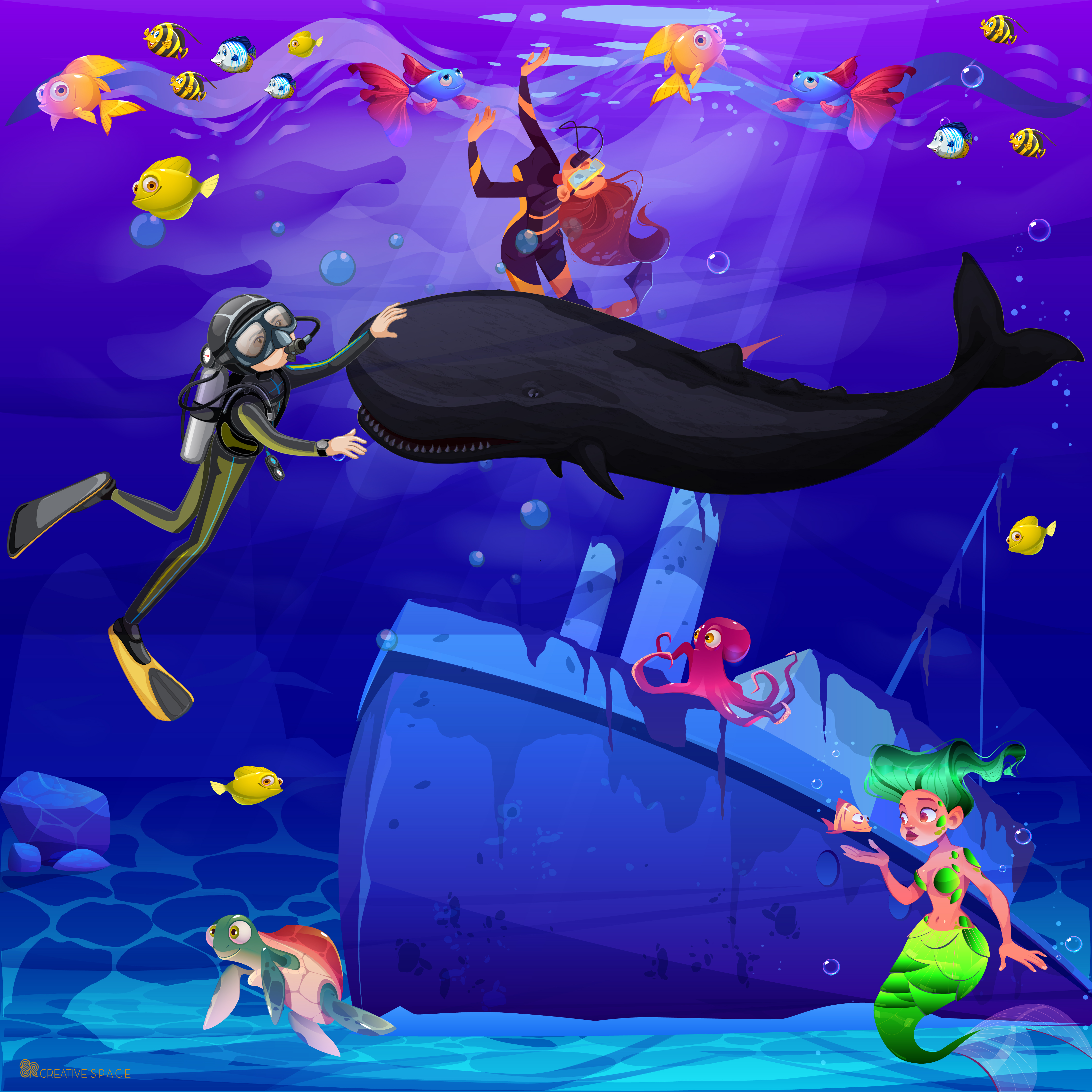 Underwater Museum by Sathya Subhavi Ravindra - diver with whale underwater scene