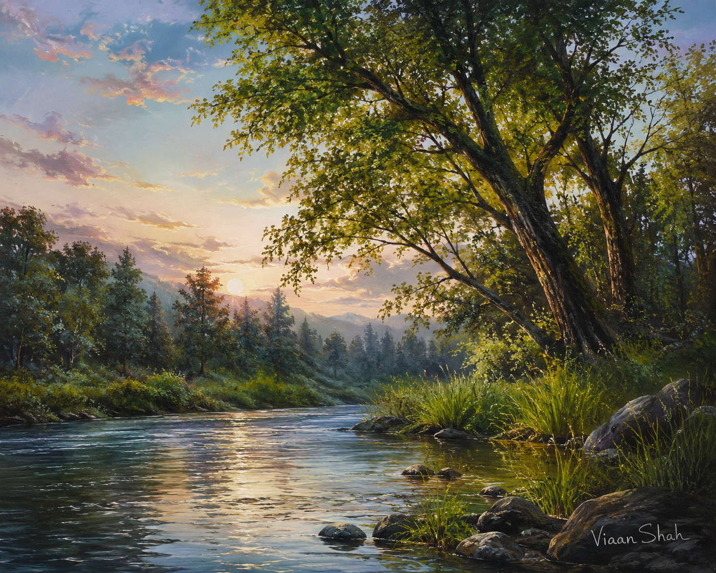 Whispers of the Wild by Viaan Shah, a serene nature scene with a river under a golden sunset