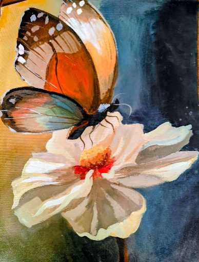 "Whispers of Transformation" by Hannah Maria Pradeep, vibrant butterfly on flower