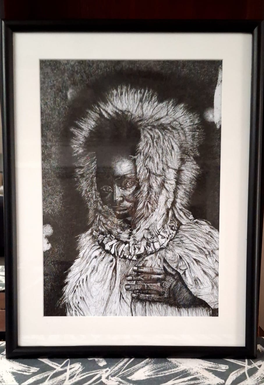 African girl by Tryana Potgieter, etching of a girl with a textured garment