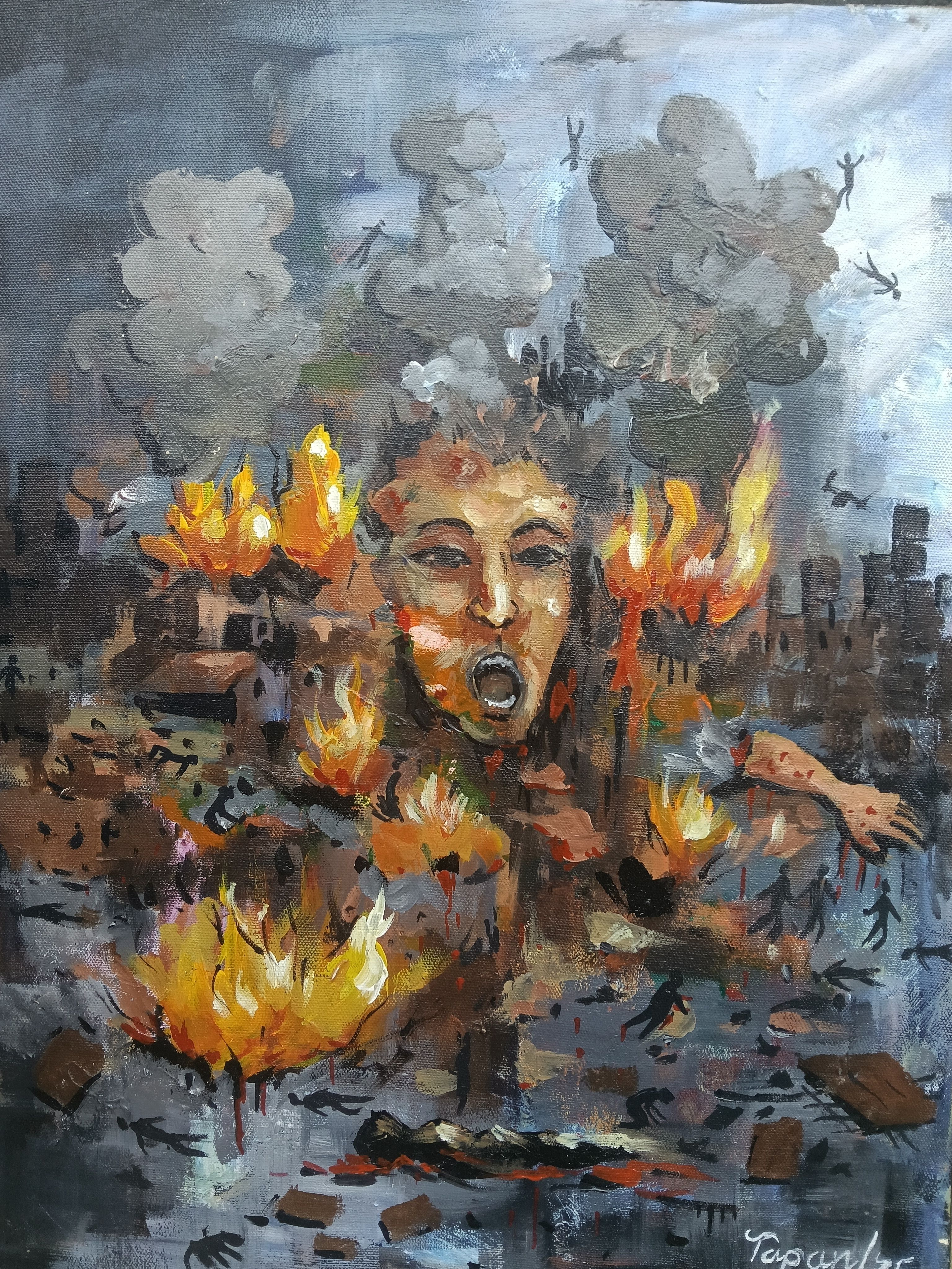 War zone by Tapan Mahatta, depicting a chaotic landscape with a screaming face and flames