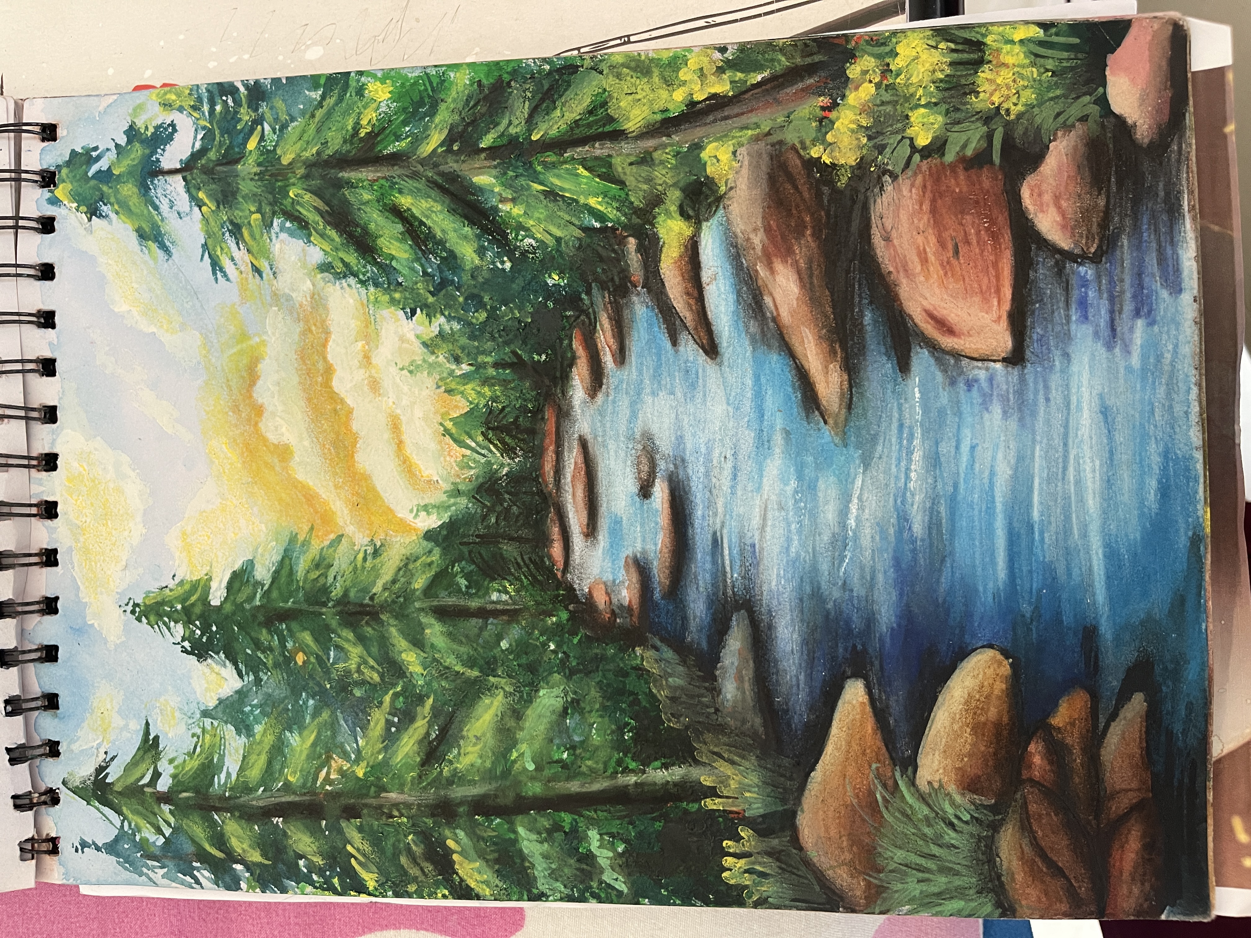 Nature by Keshvi padhiyar, a serene landscape with a river and trees
