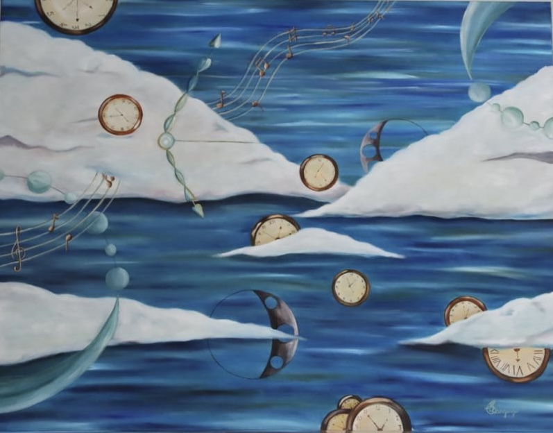 Tides of Time by Candice Samantha Language, featuring a dreamlike ocean landscape with swirling blues and clocks