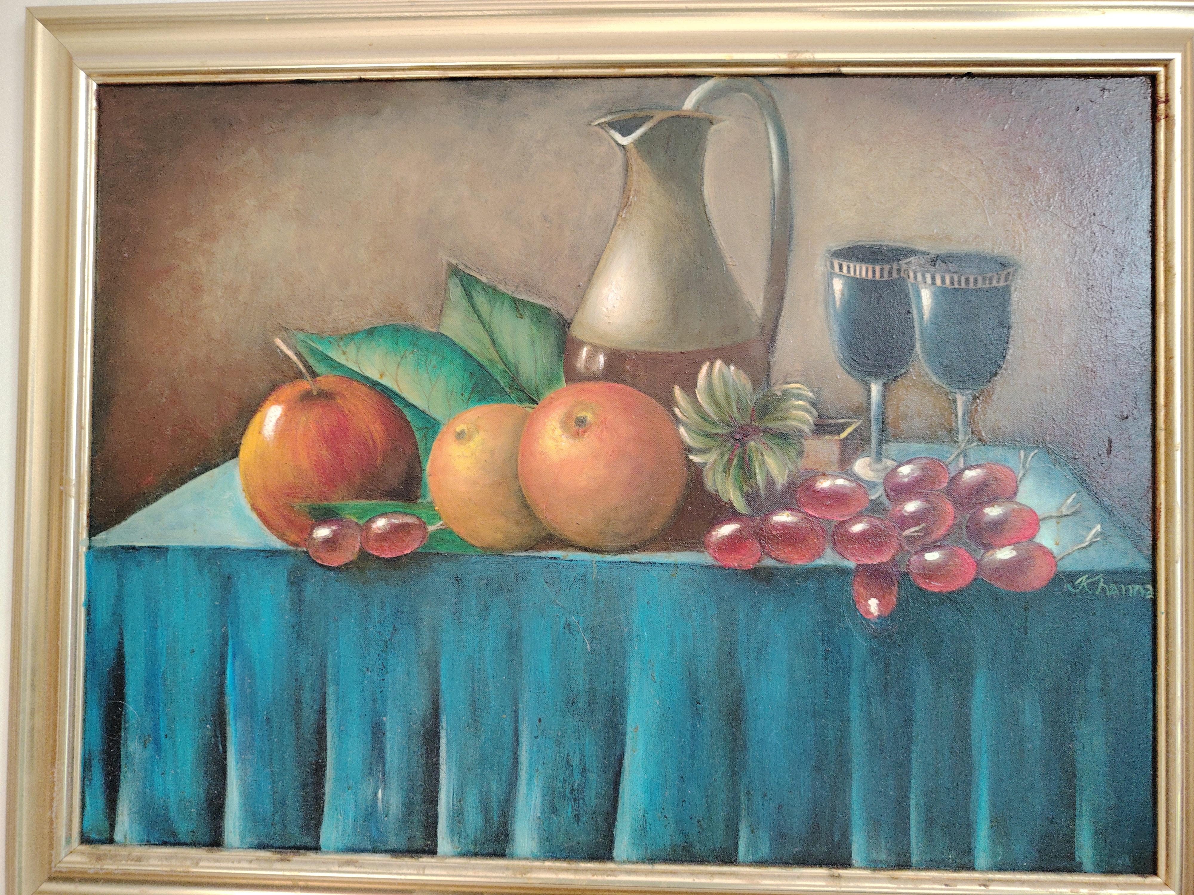 Still Life 1 by MANOJ BOB KHANNA depicting fruit on blue cloth