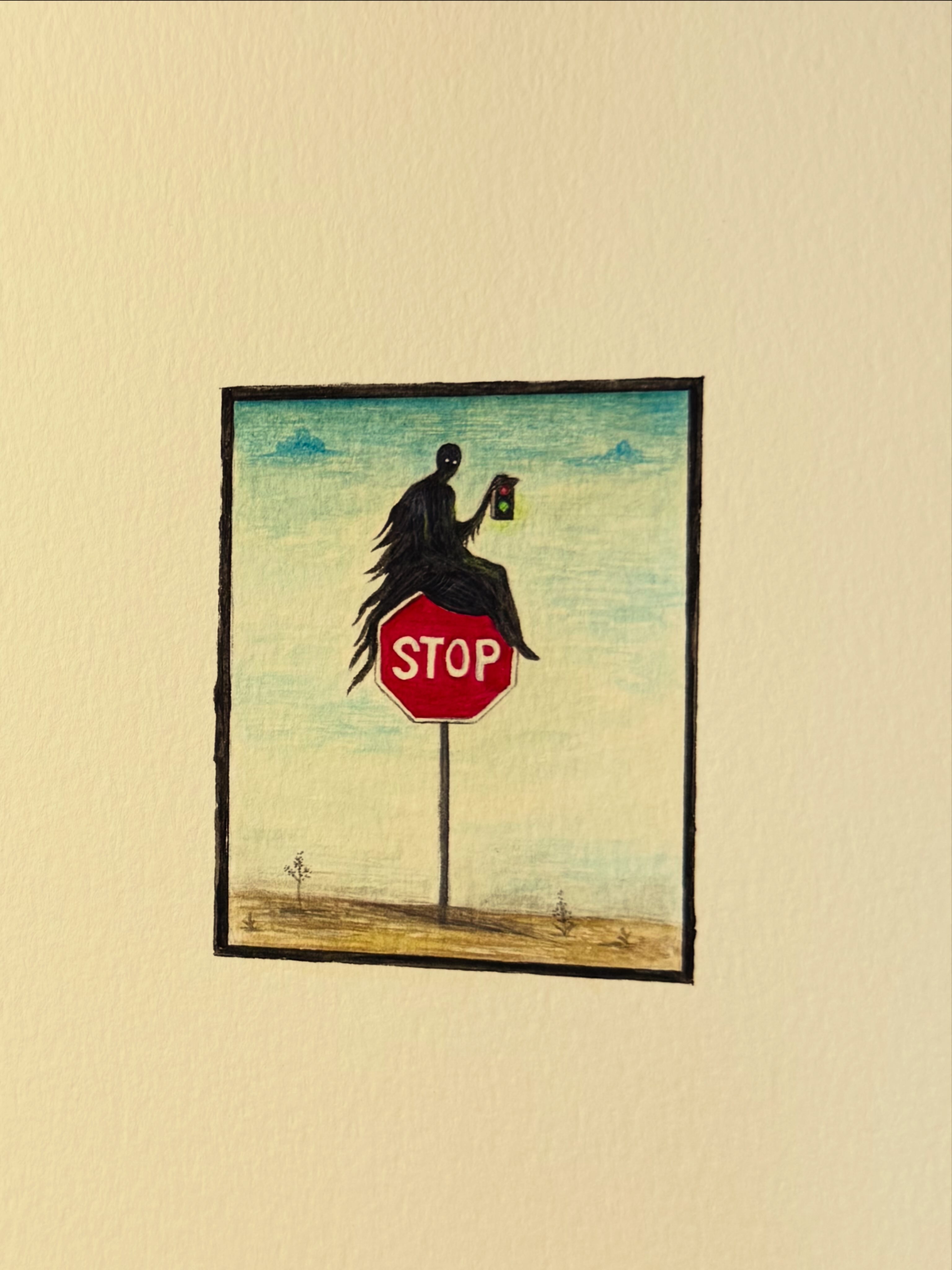 Go by aqsa latif - a stop sign with a shadowy figure above