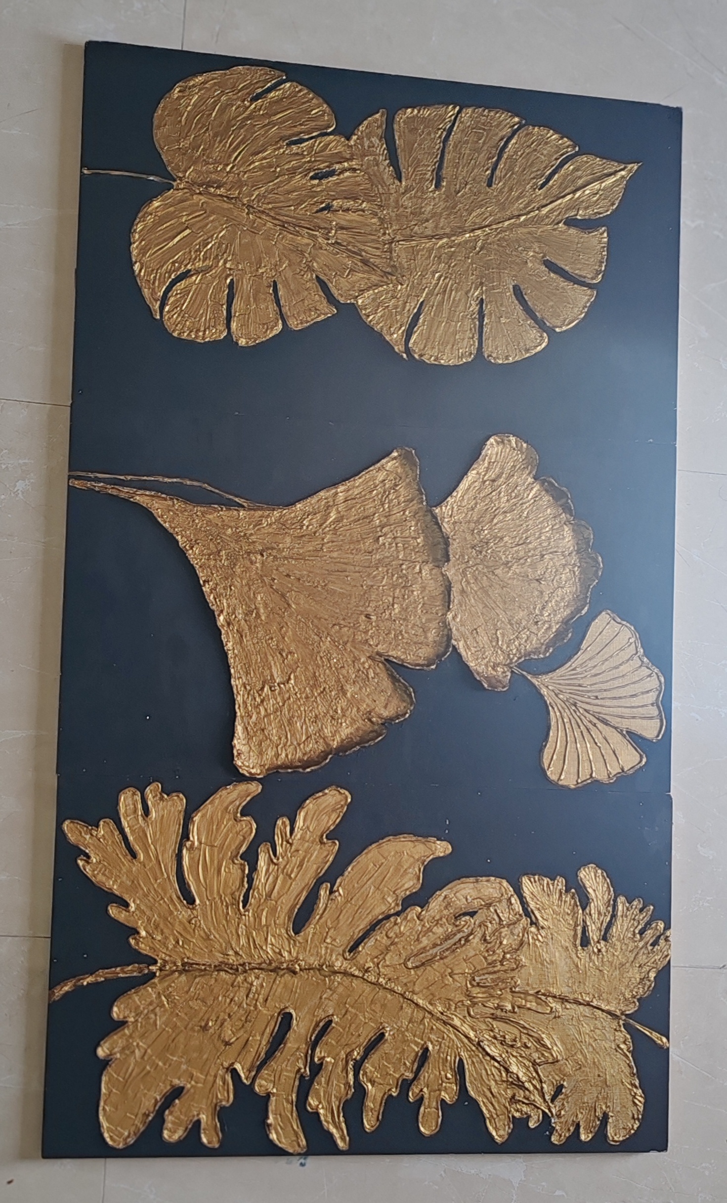Golden Leaves Texture Art by laila malik - textured golden leaves on dark background
