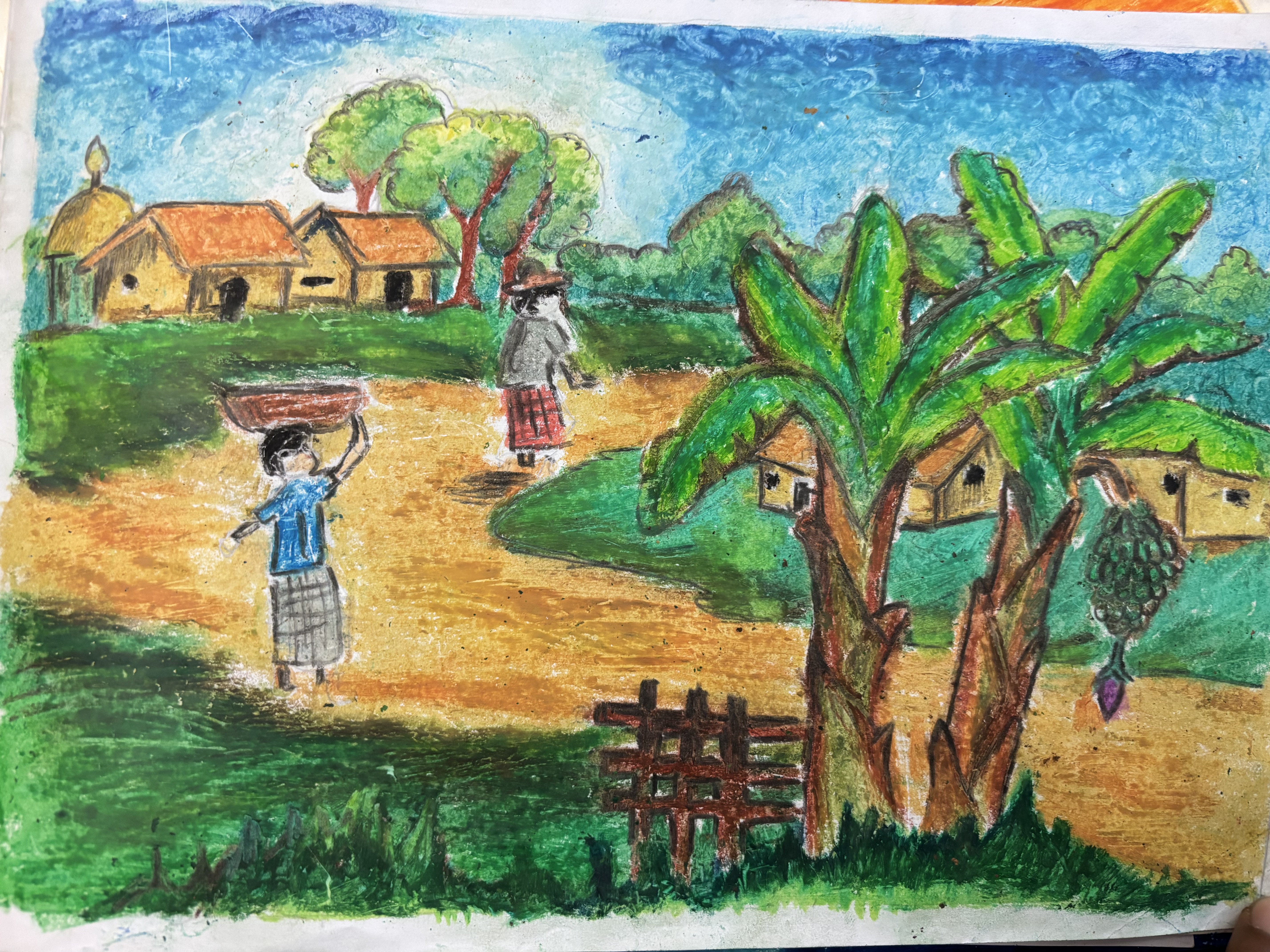 village by Shrestha Singha, vibrant village scene with figures and houses