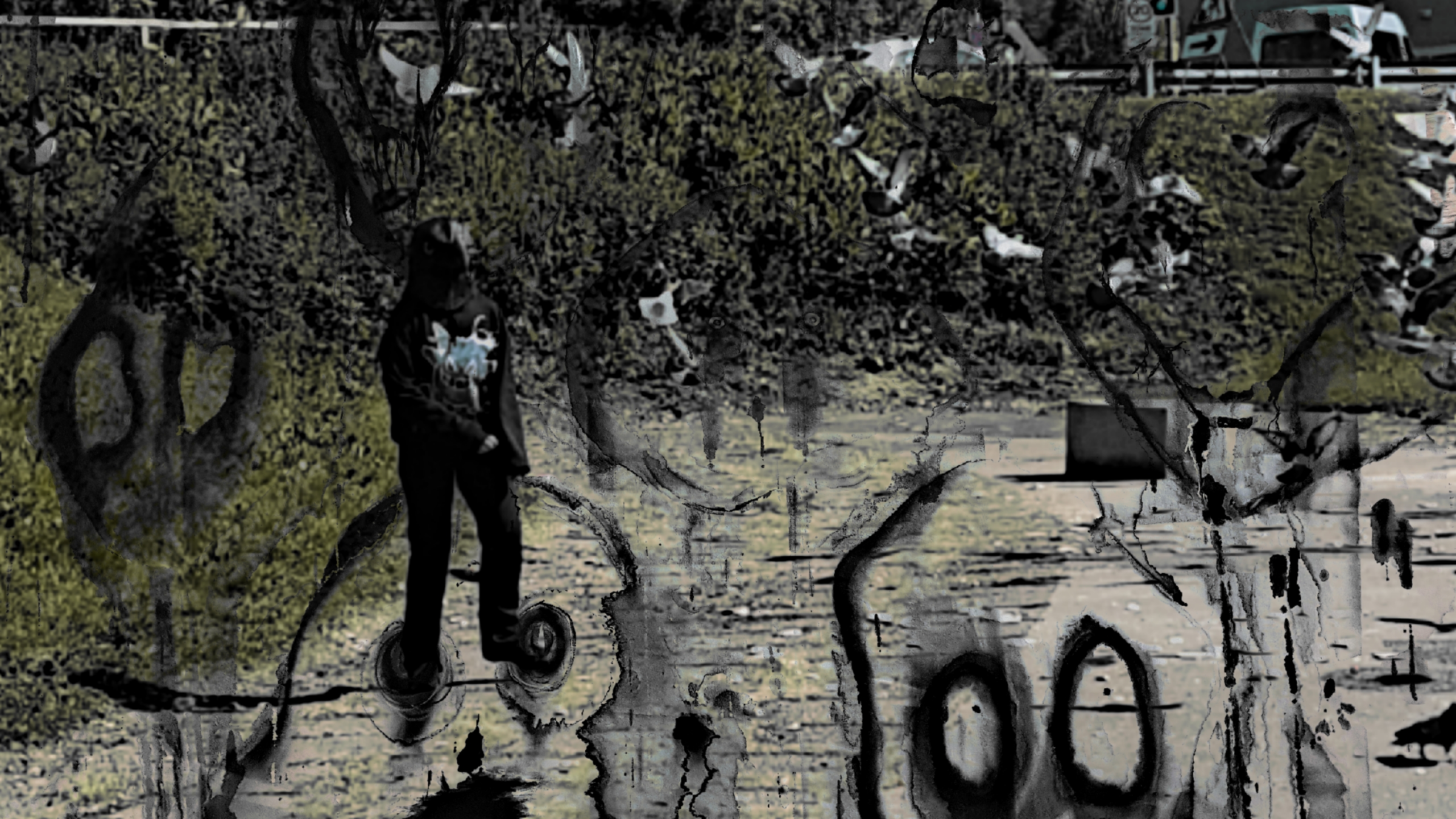 Where are we Dave? by Eli Fisher, surreal scene with a figure on a hoverboard
