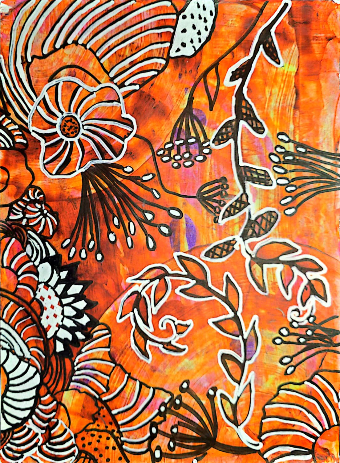 Pattern in paint by Freya Tavadia, vibrant composition with orange and brown hues