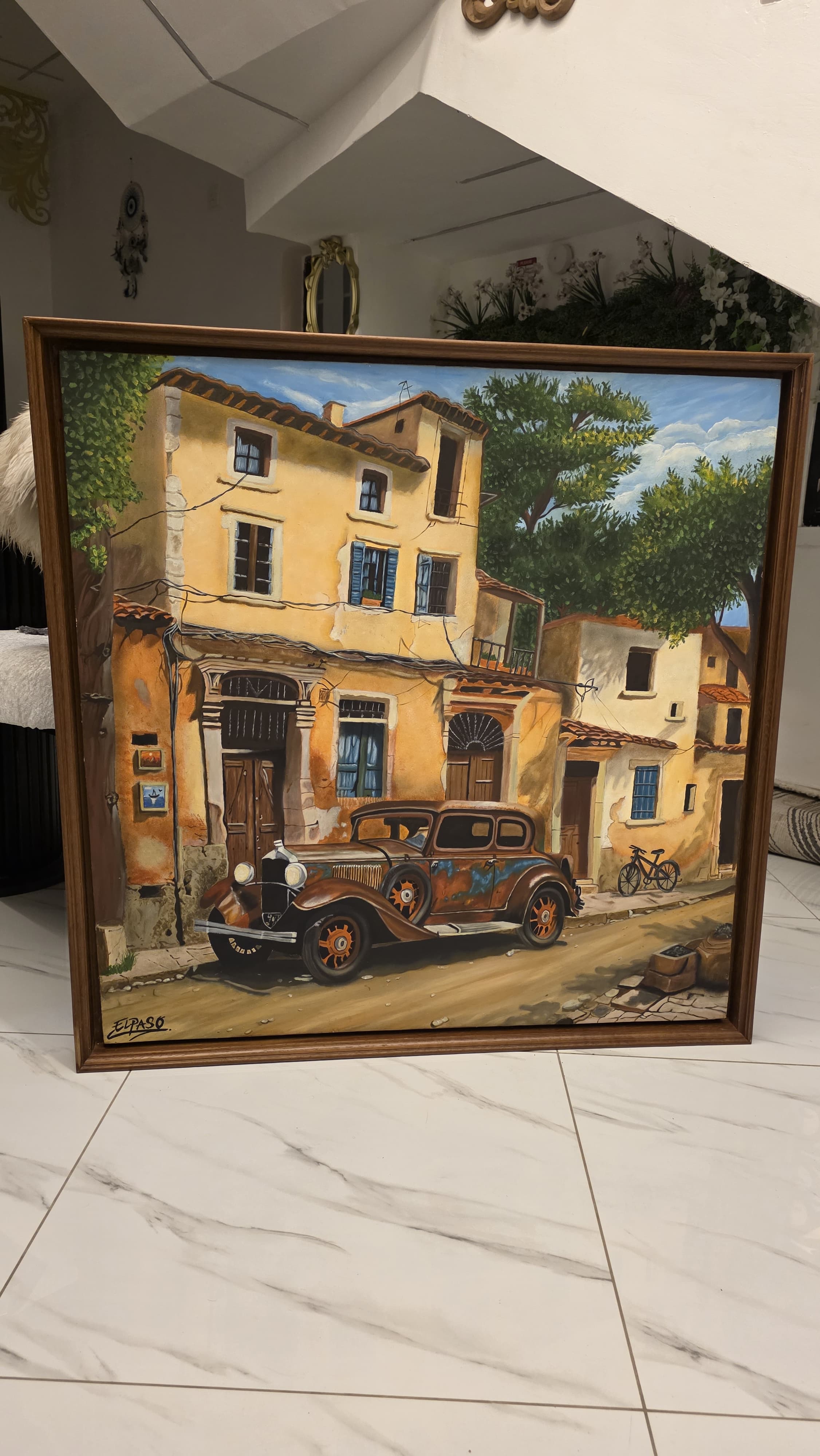 Vintage automobile by Ramzan ali, a charming street scene with a detailed vintage car