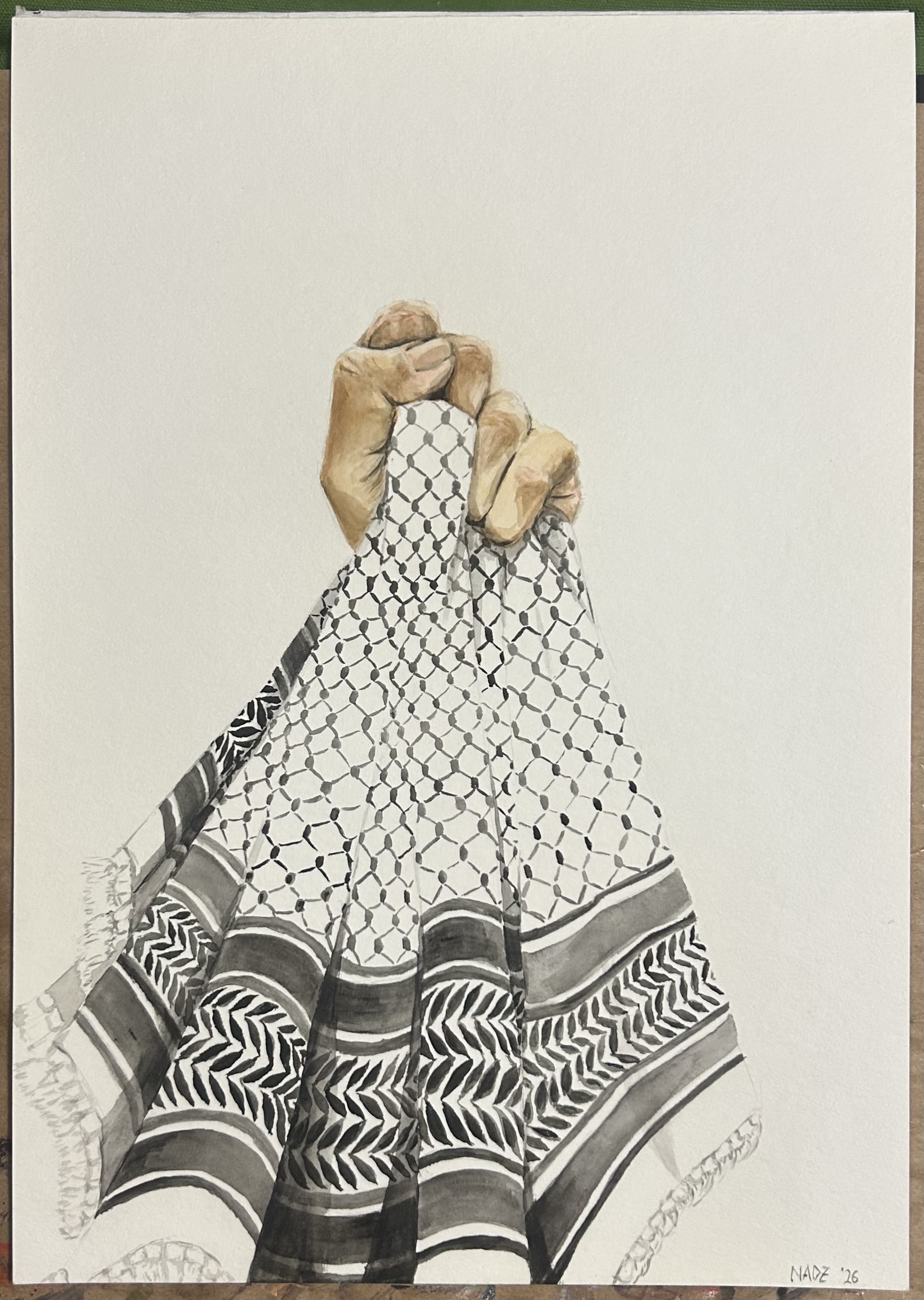 Sumud by Nadiya Mahomed, hand gripping a keffiyeh