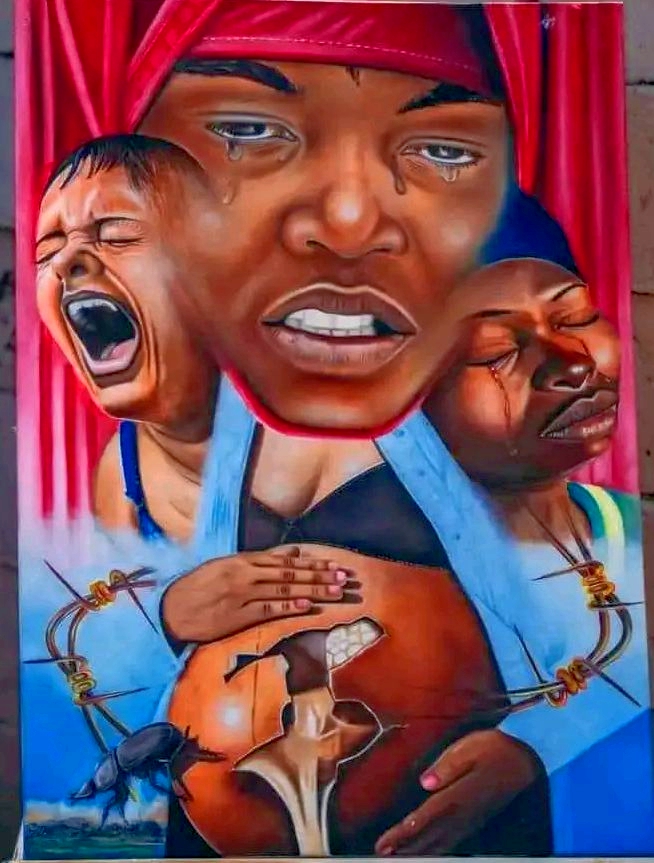 The pain of African mother by Joe De Artist, featuring emotional portrait of a crying woman