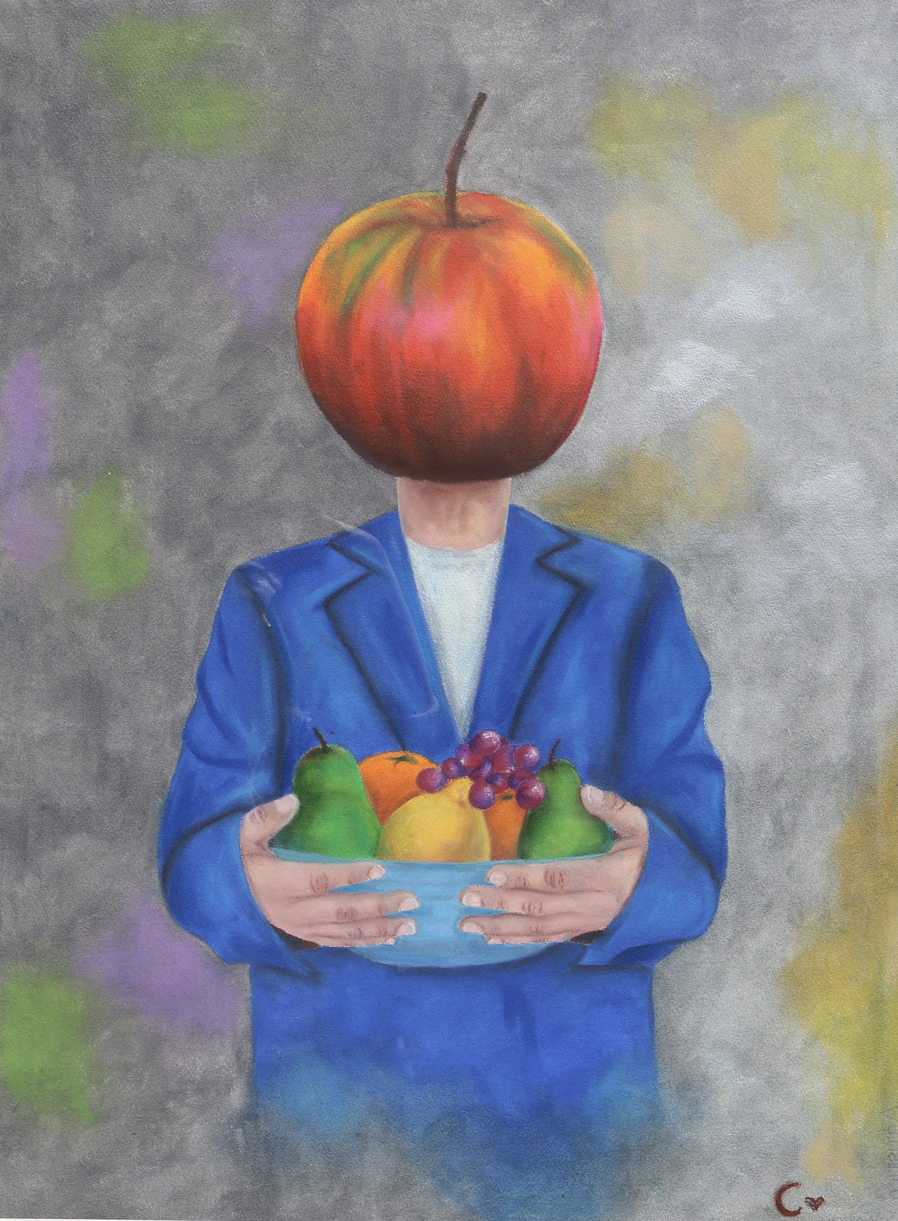 Fruit of the soul by Cara Fourie, figure with apple head and fruit bowl
