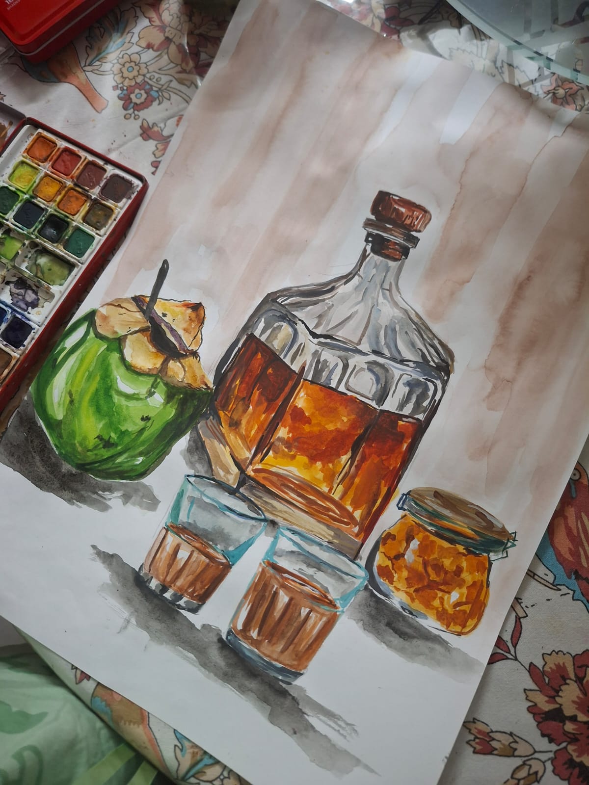 Still life by Shivranjini kumari, featuring a glass bottle and apple