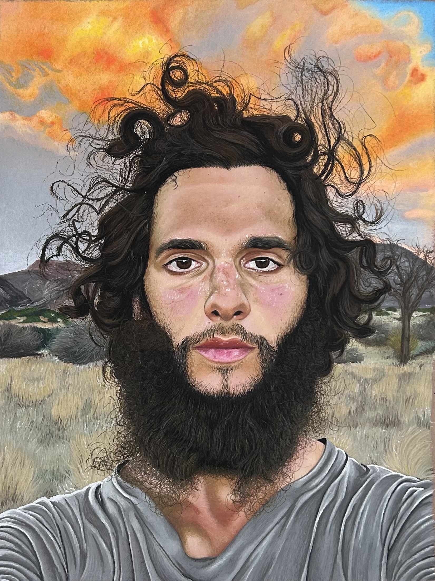 Your life is a story like the wind by Hannah Anderson, a dynamic portrait of a man with curly hair and a thick beard