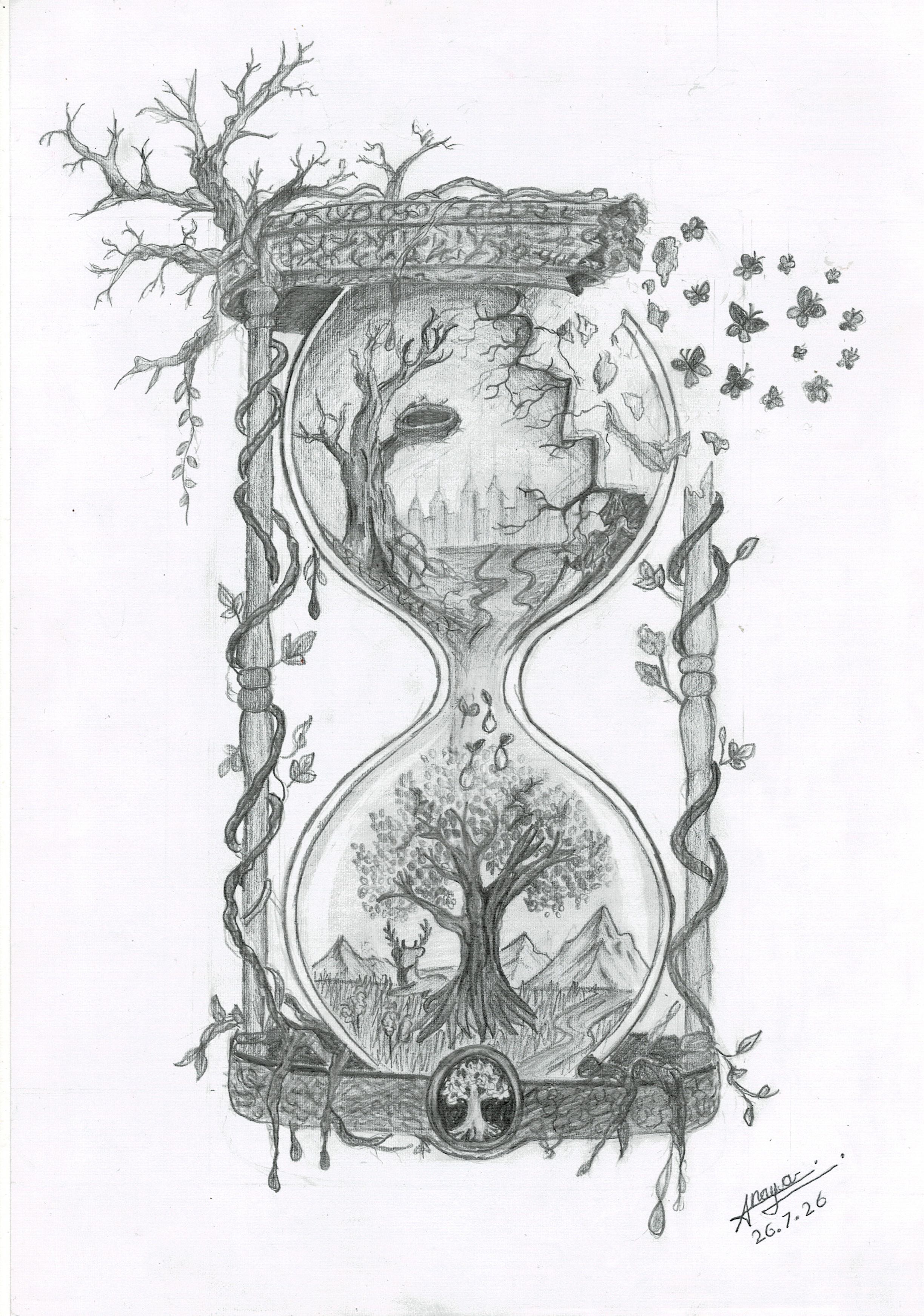 The last grain, The first seed by Anaya Upganlawar, sketch of hourglass with contrasting landscapes