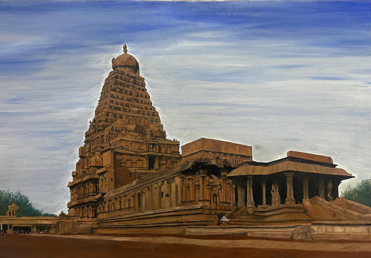 Tamilnadu Temple Oil painting by Sujithapriya Shenthilkumar - detailed temple view with towering structure