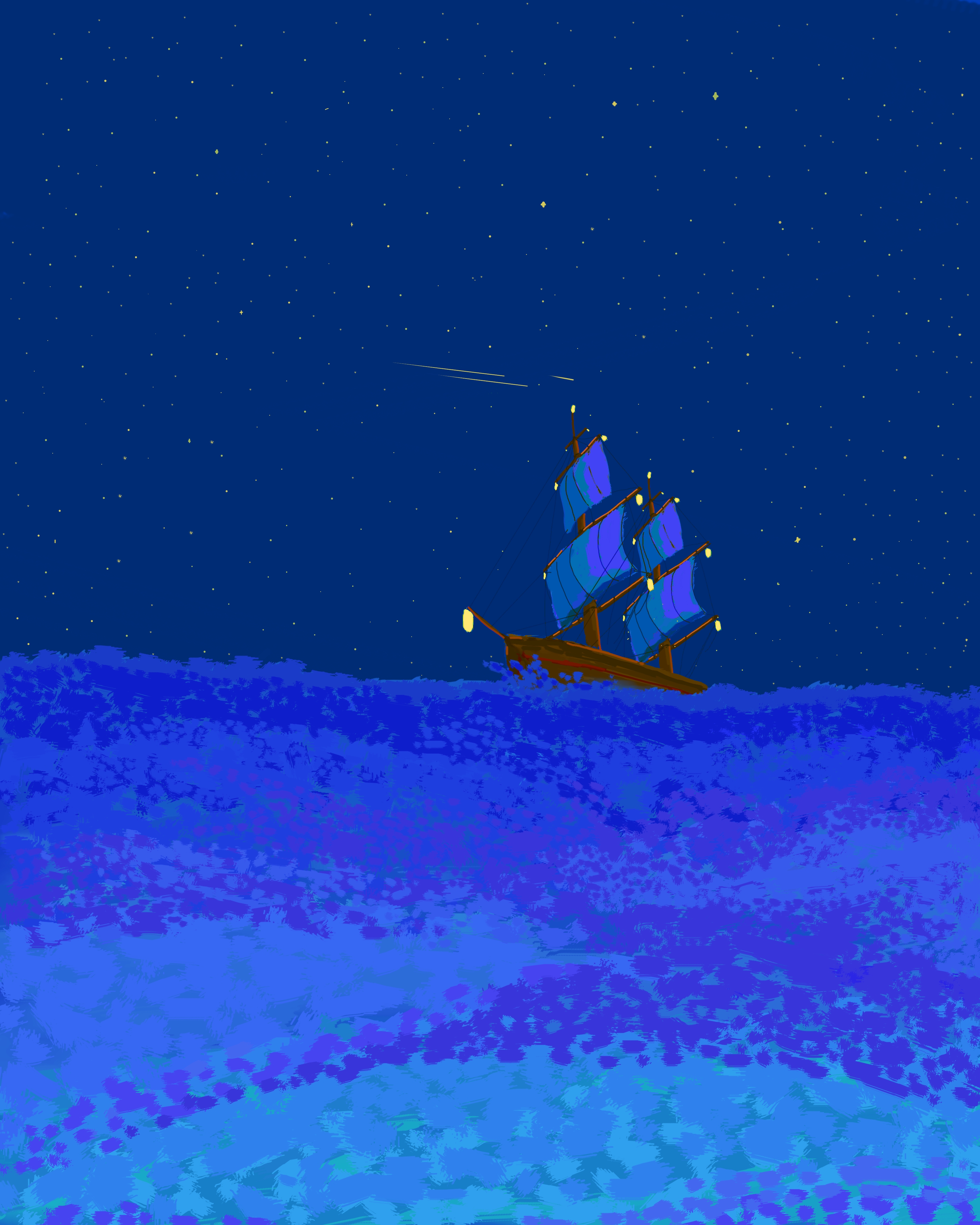 Sailing into the night by Joash ng, vivid blue sea, starry night sky, ship with sails