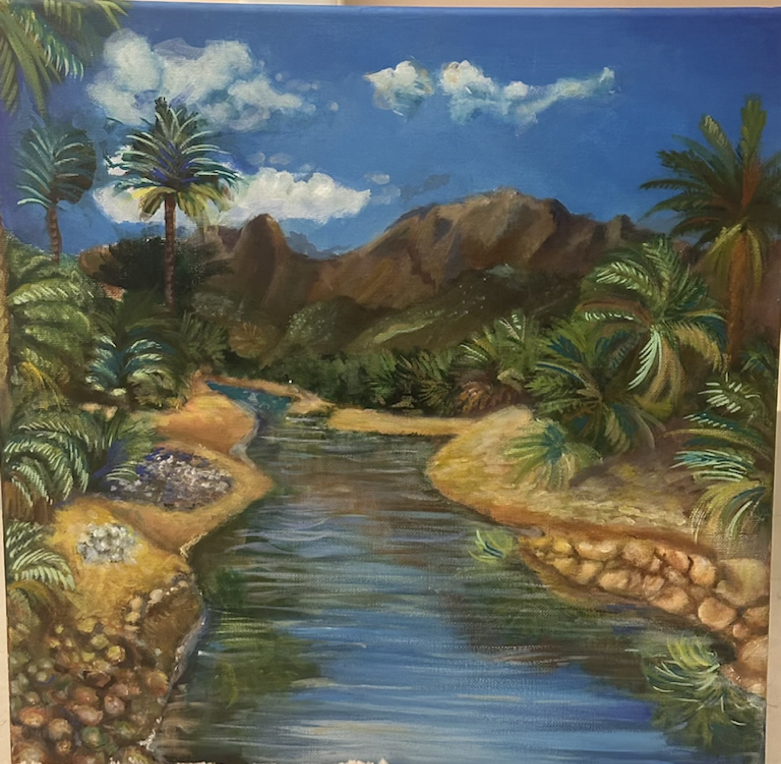 Lovingly tropical by Noor Almaarmari, a serene tropical landscape with palm trees and river