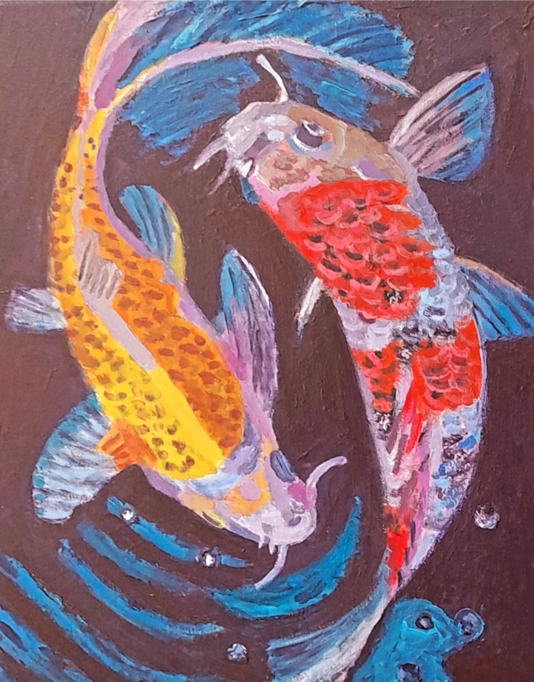 Two Koi Fishes Swimming together by Han Meizhen, Sabrina - two koi fish on dark background