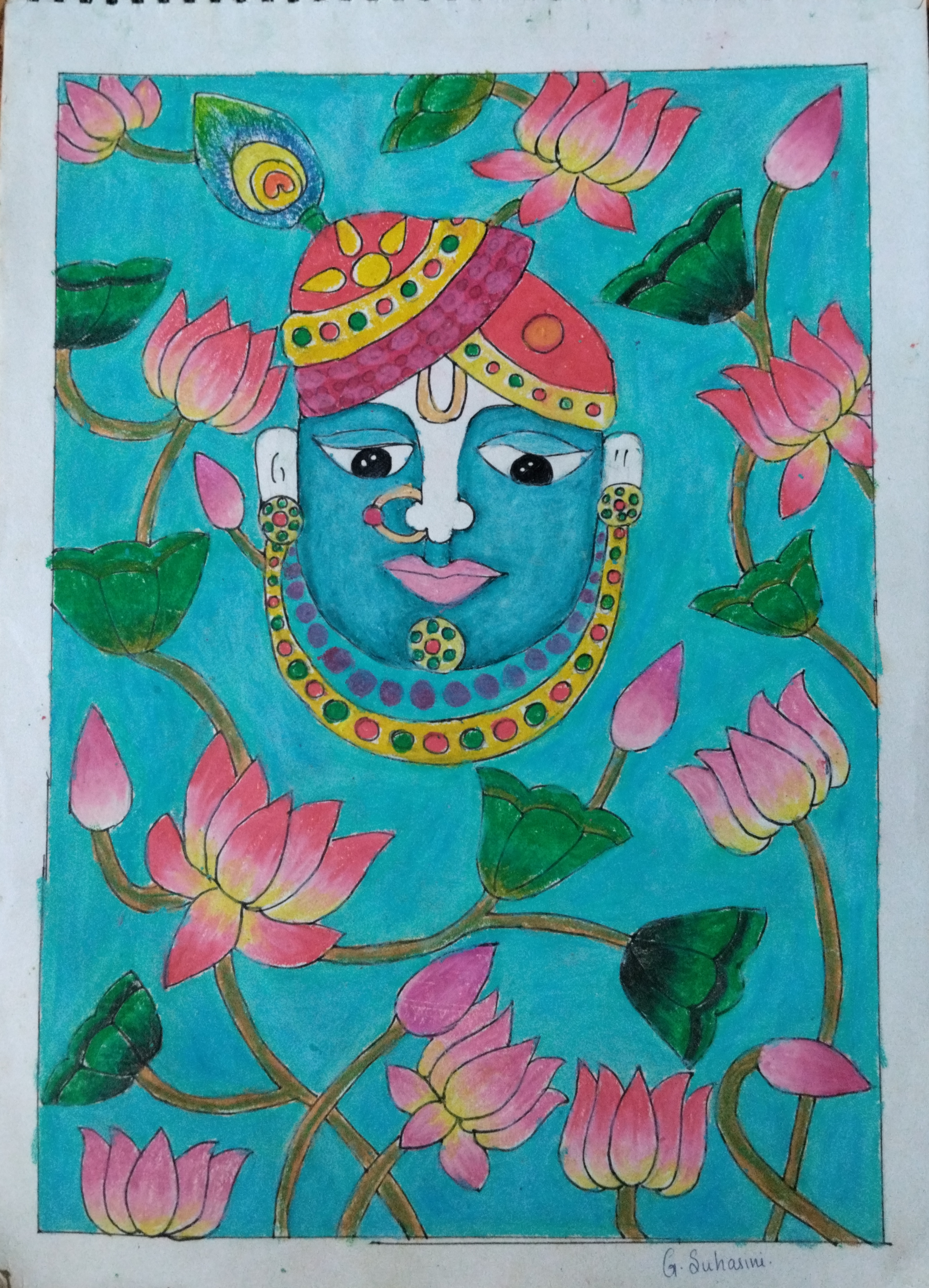 Pichwai Shrinathji by Suhasini.G - deity with vibrant crown and peacock feather