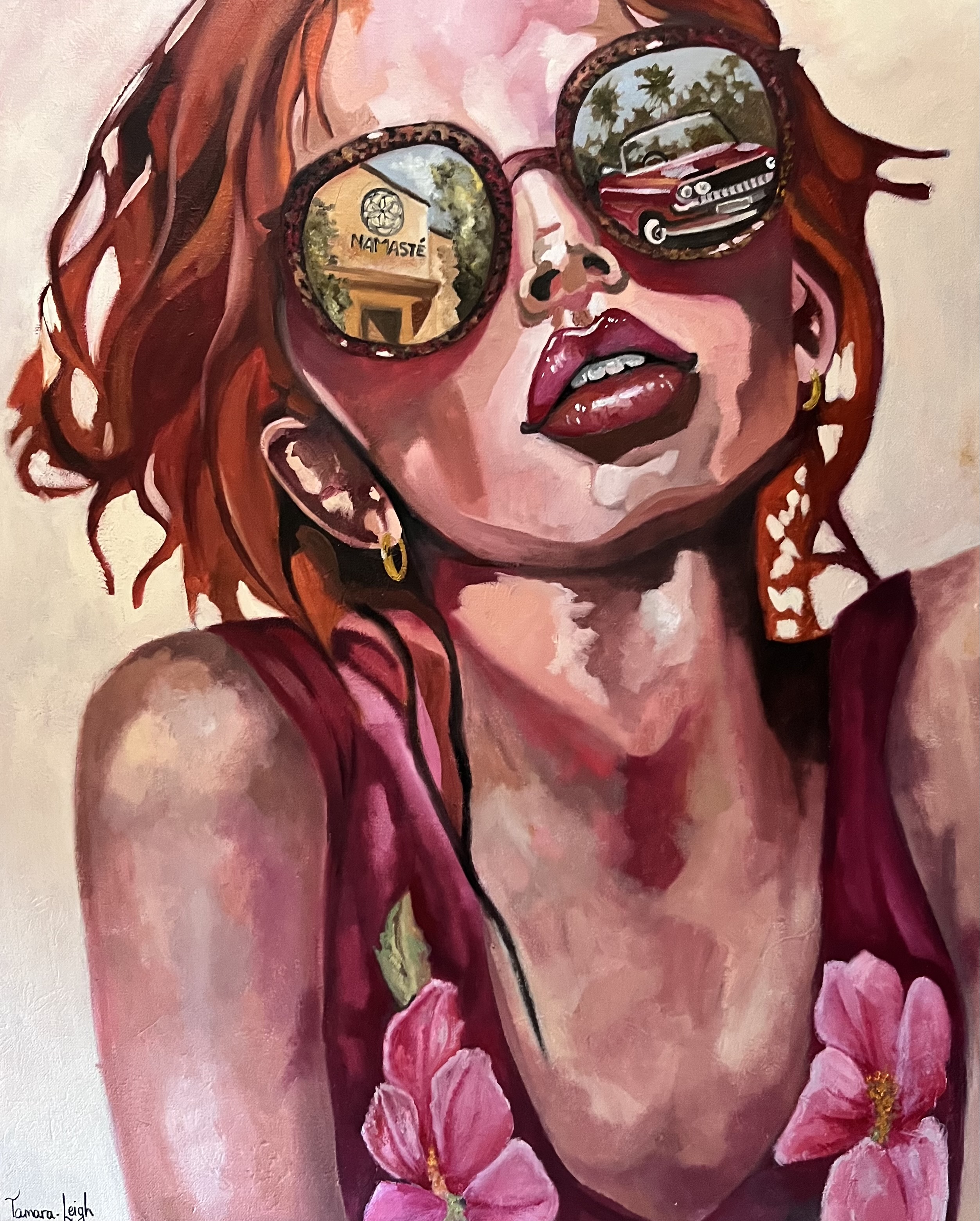 Namaste by Tamara~Leigh Jacobs - portrait of a woman with red hair and reflective sunglasses